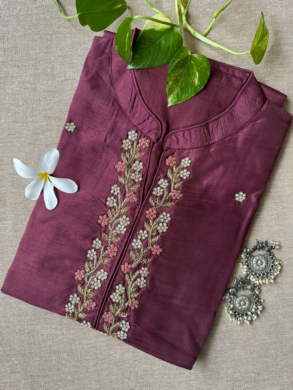 "Meena" Hand Embroidered Wine Silk Kurta- XS