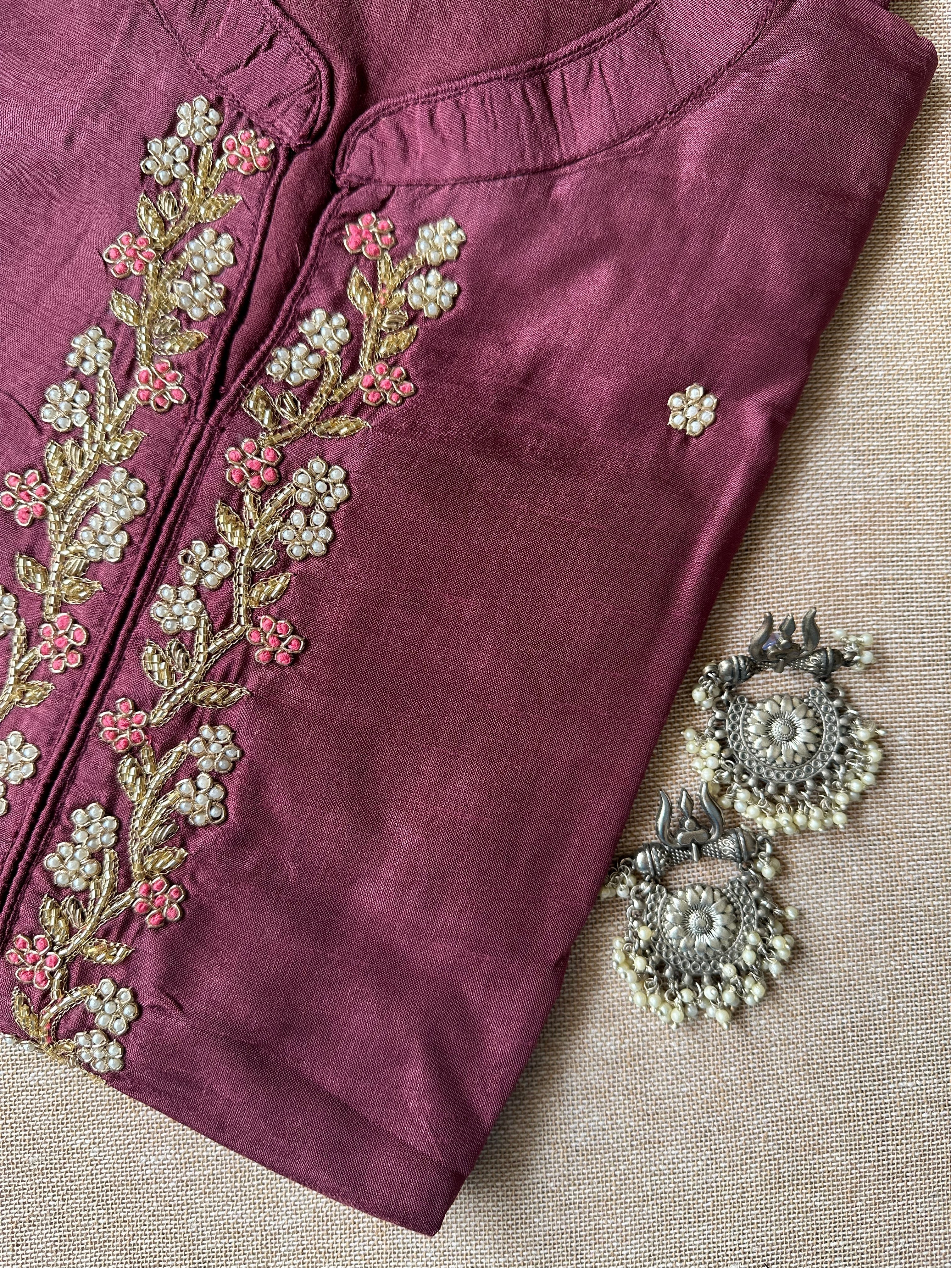 "Meena" Hand Embroidered Wine Silk Kurta- XS