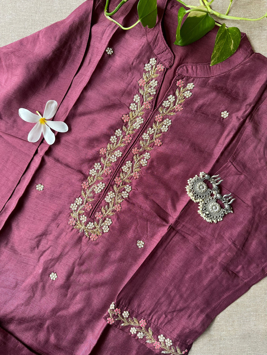"Meena" Hand Embroidered Wine Silk Kurta- XS