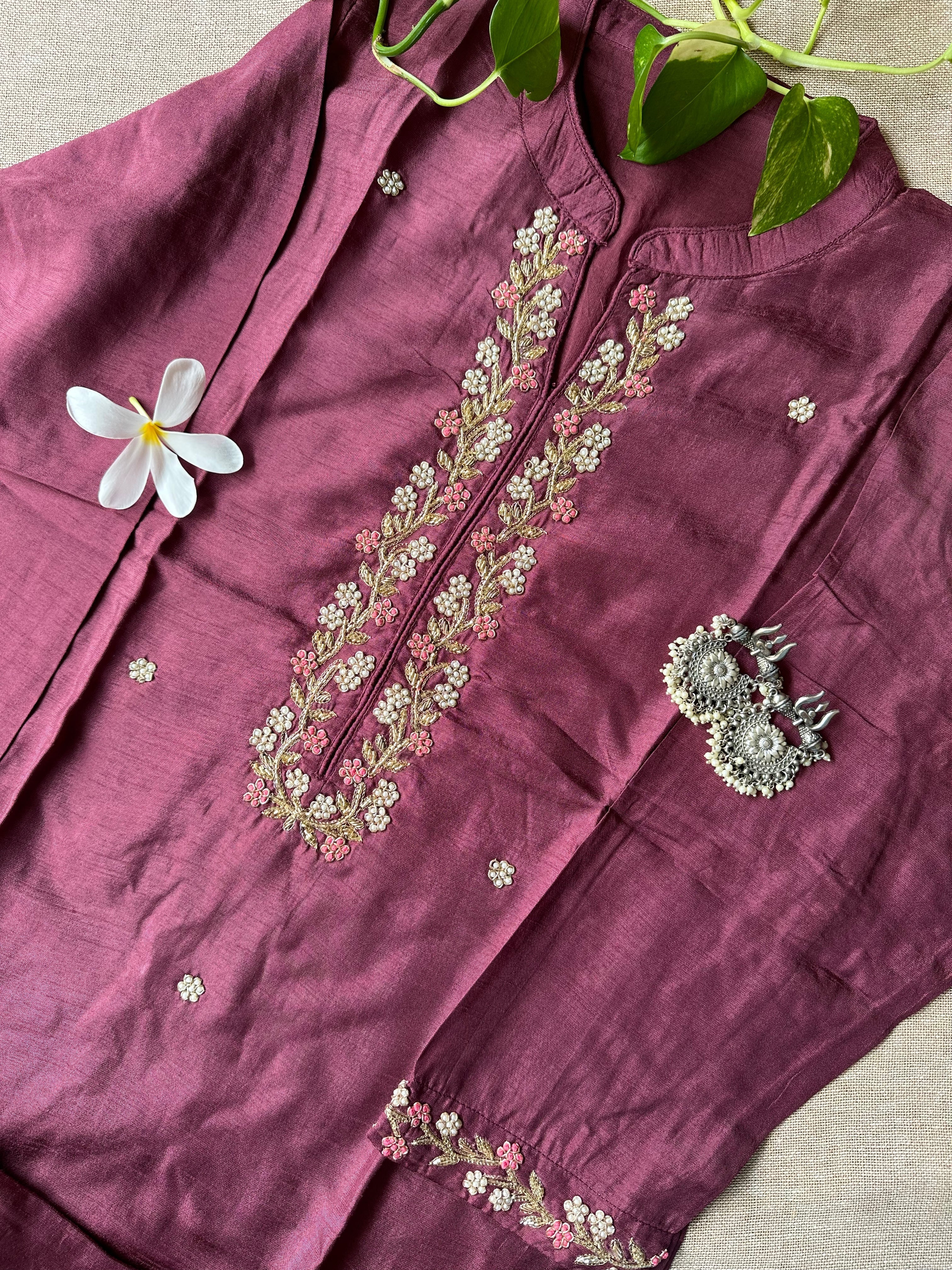 "Meena" Hand Embroidered Wine Silk Kurta- XS