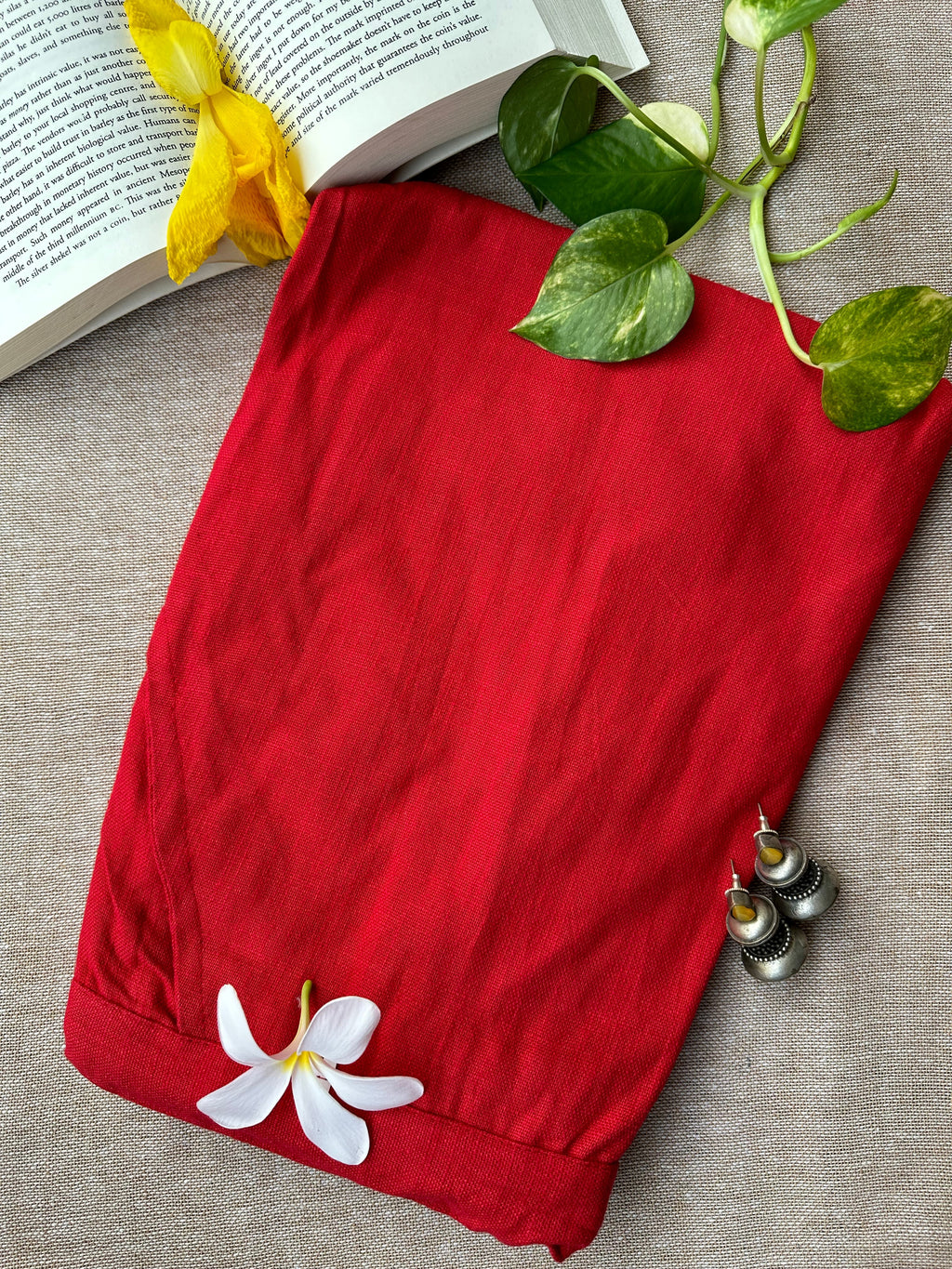 Red Slub Cotton Straight Pants