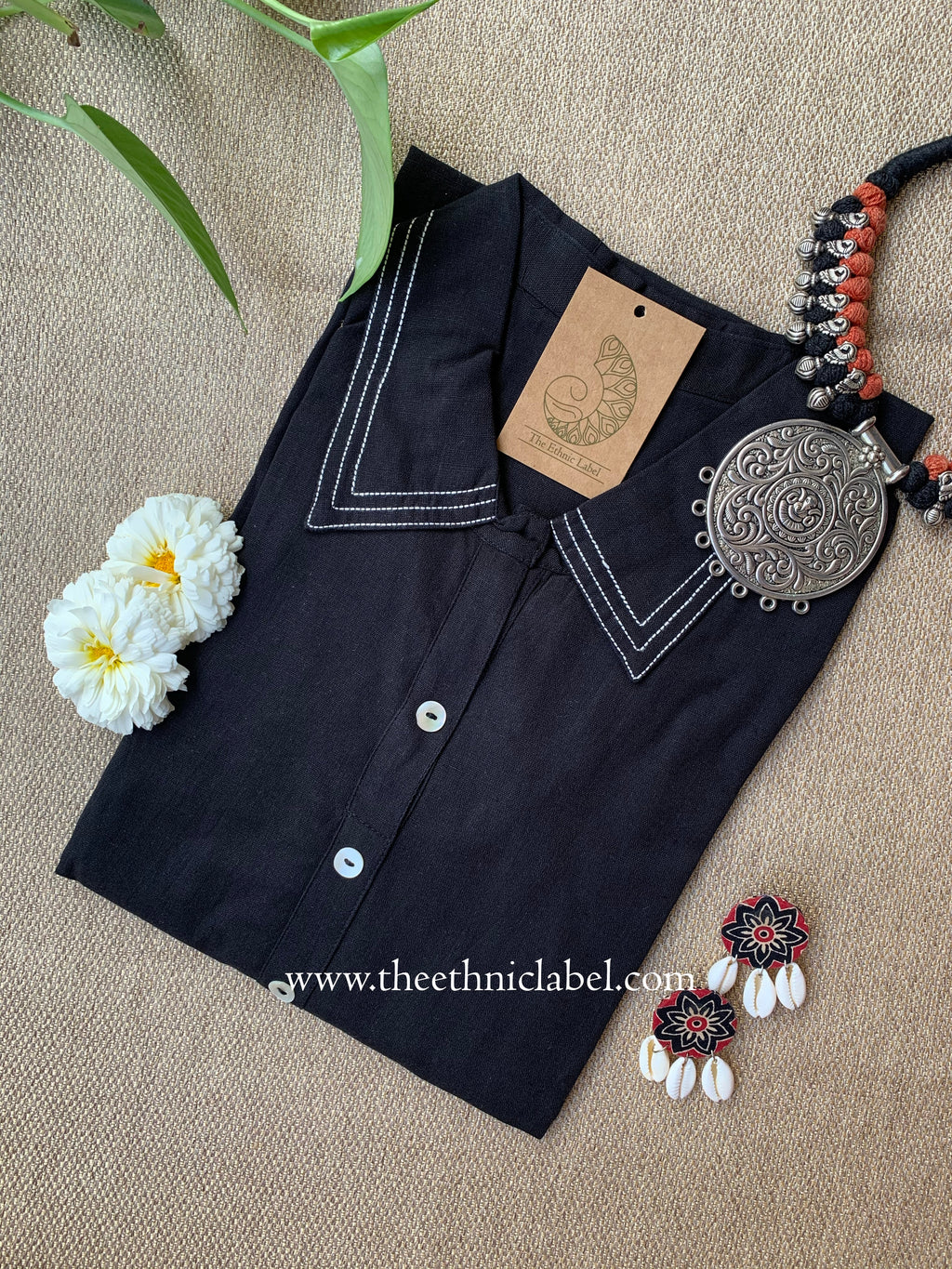 "Shrishti" Black Collared "A" Line Cotton kurta