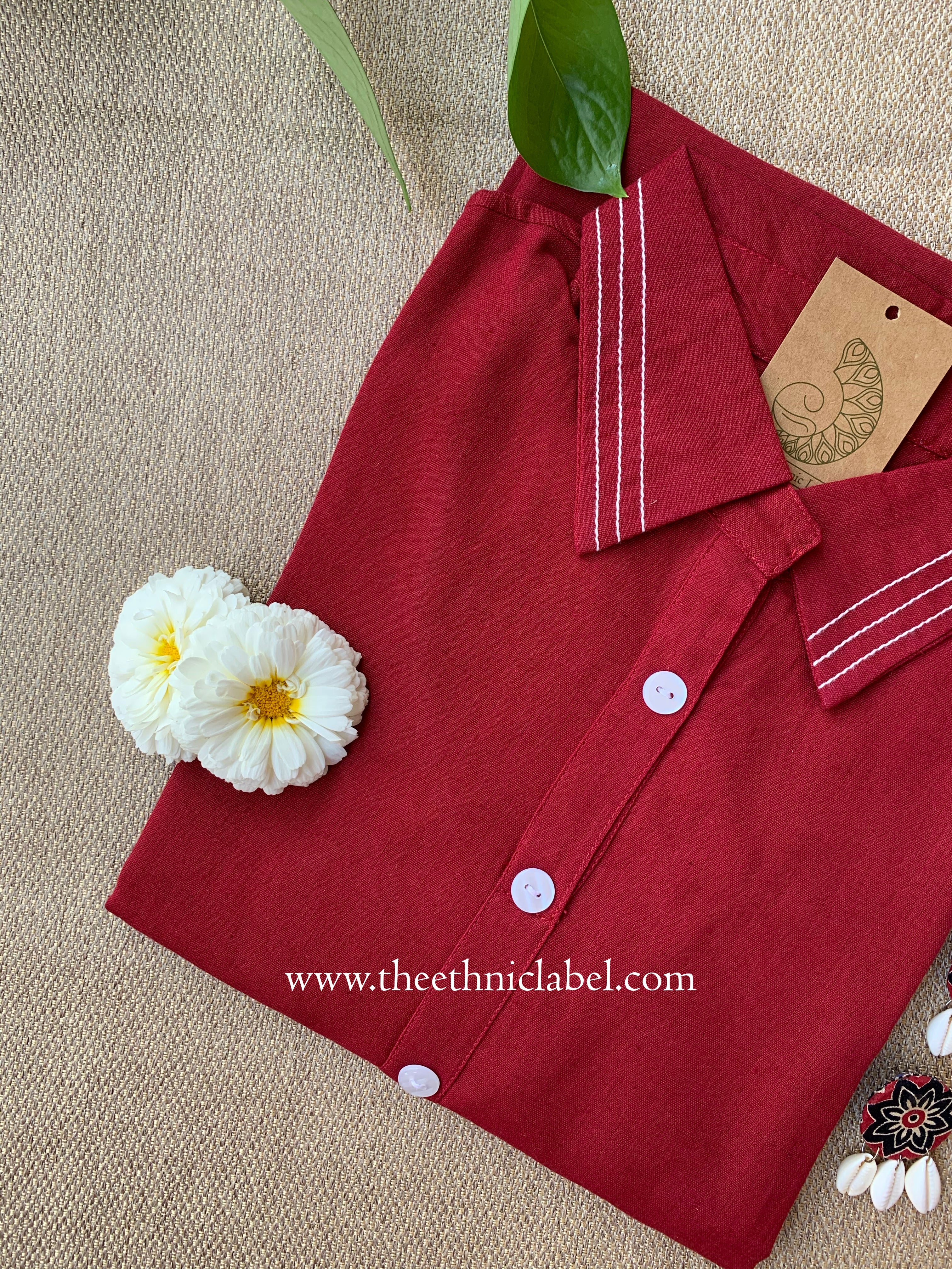 "Shrishti" Red Collared "A" Line Cotton kurta