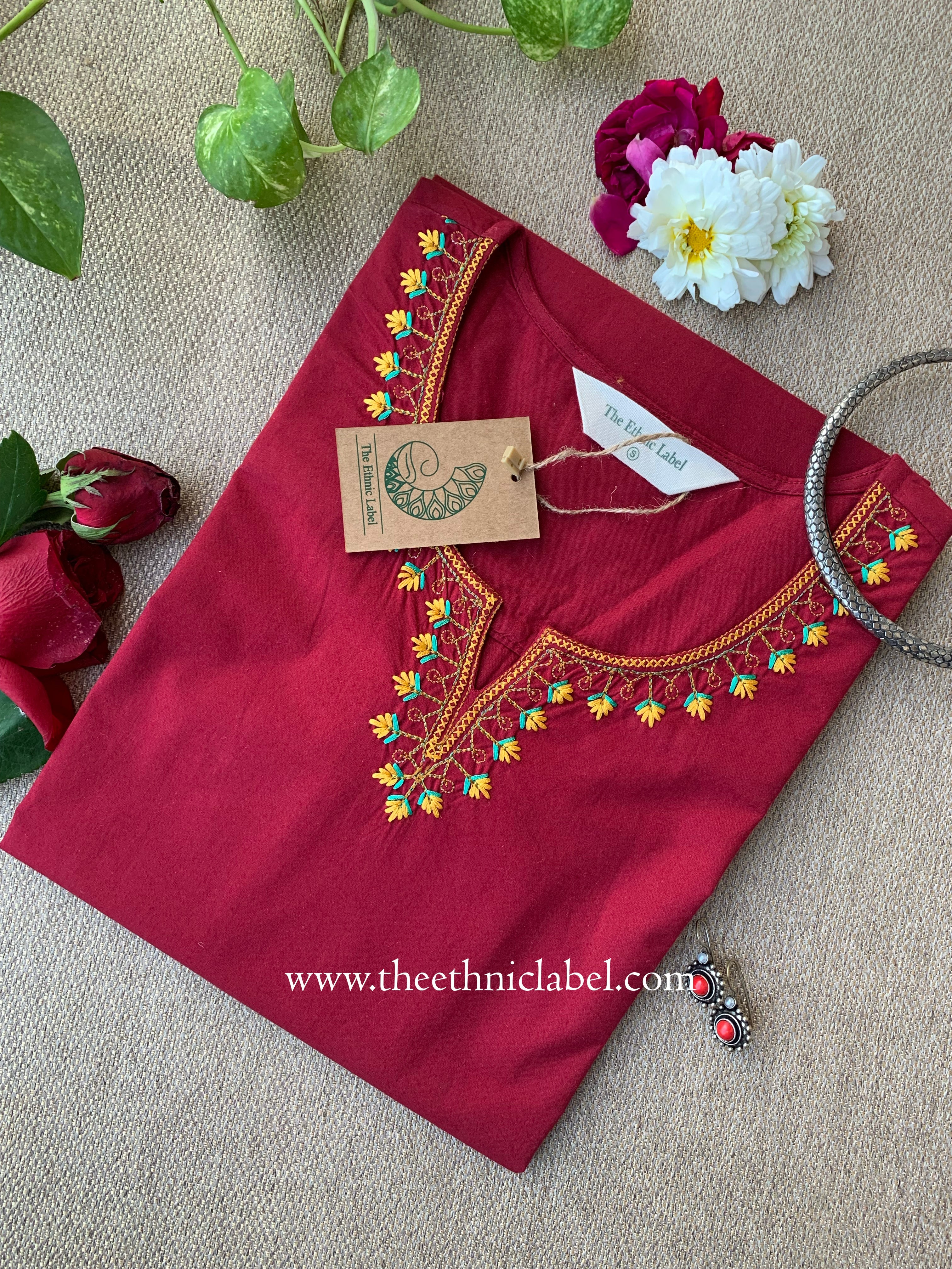 Zara Maroon Embroidered Cotton kurta
