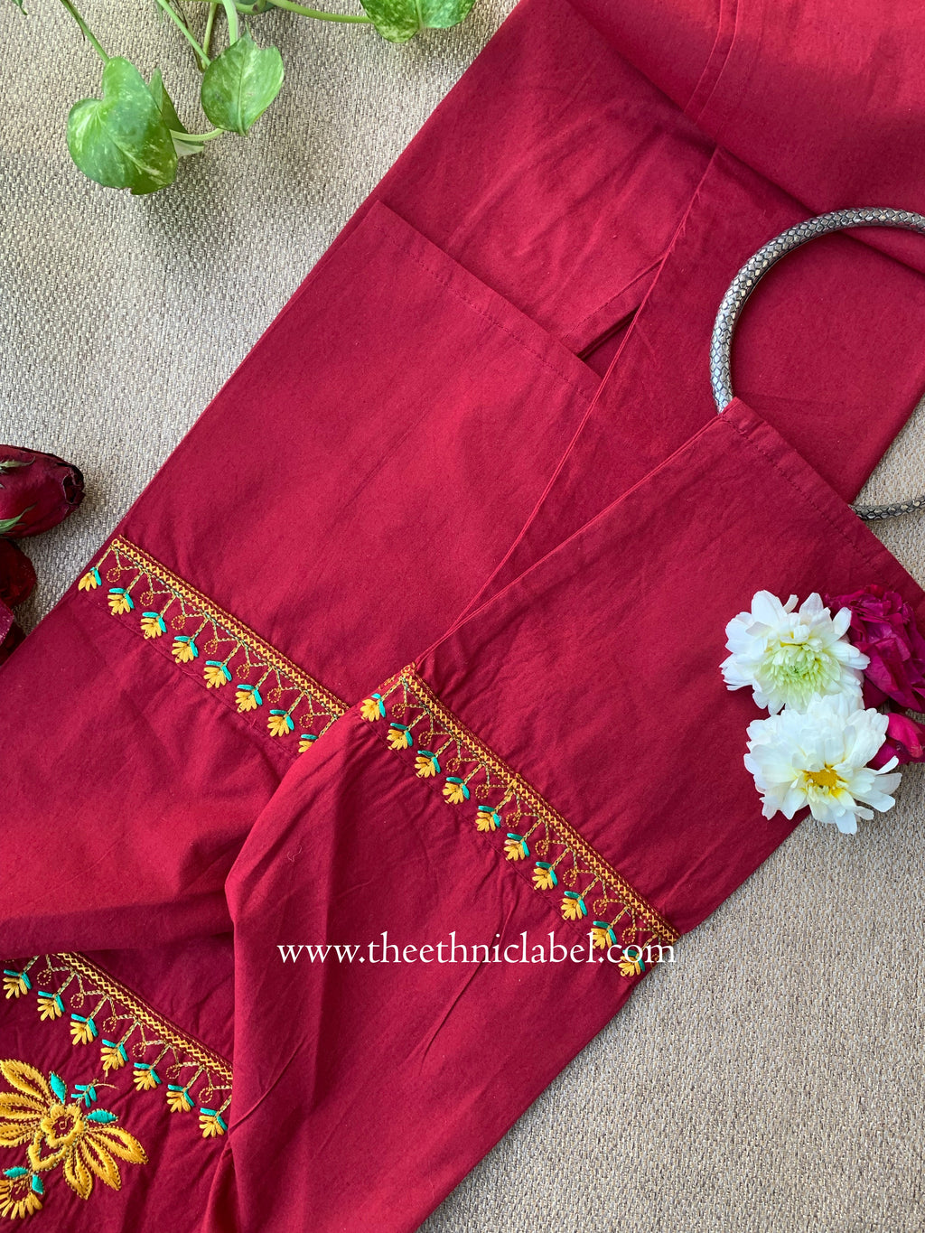 Zara Maroon Embroidered Cotton kurta