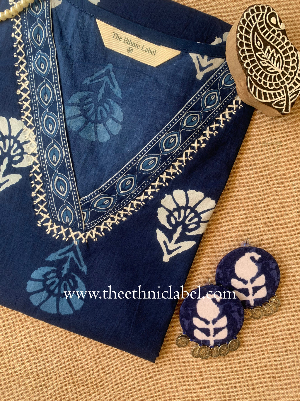 "Ambar" Indigo Hand Embroidered Cotton kurta - Big Size