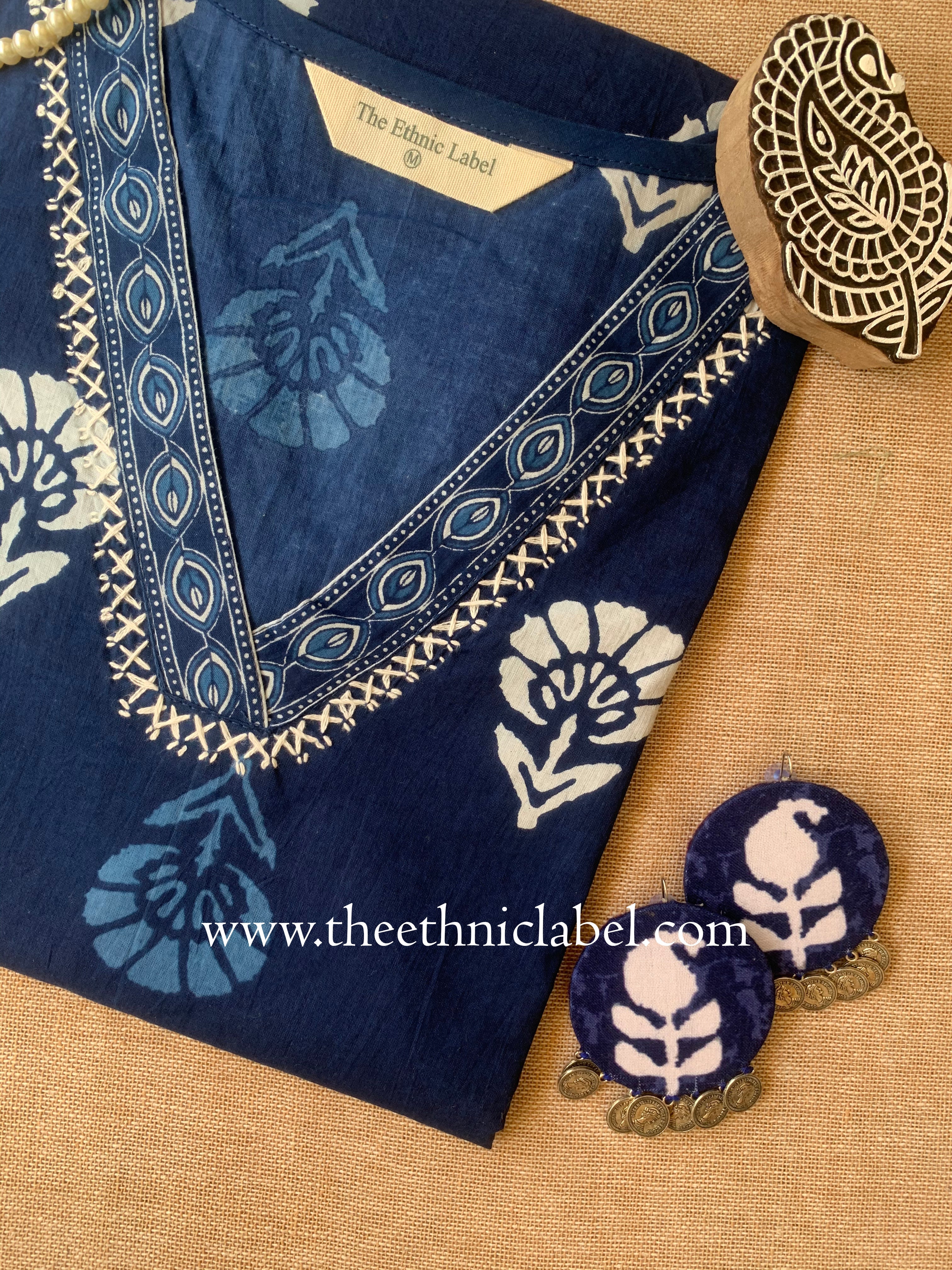 "Ambar" Indigo Hand Embroidered Cotton kurta - Big Size