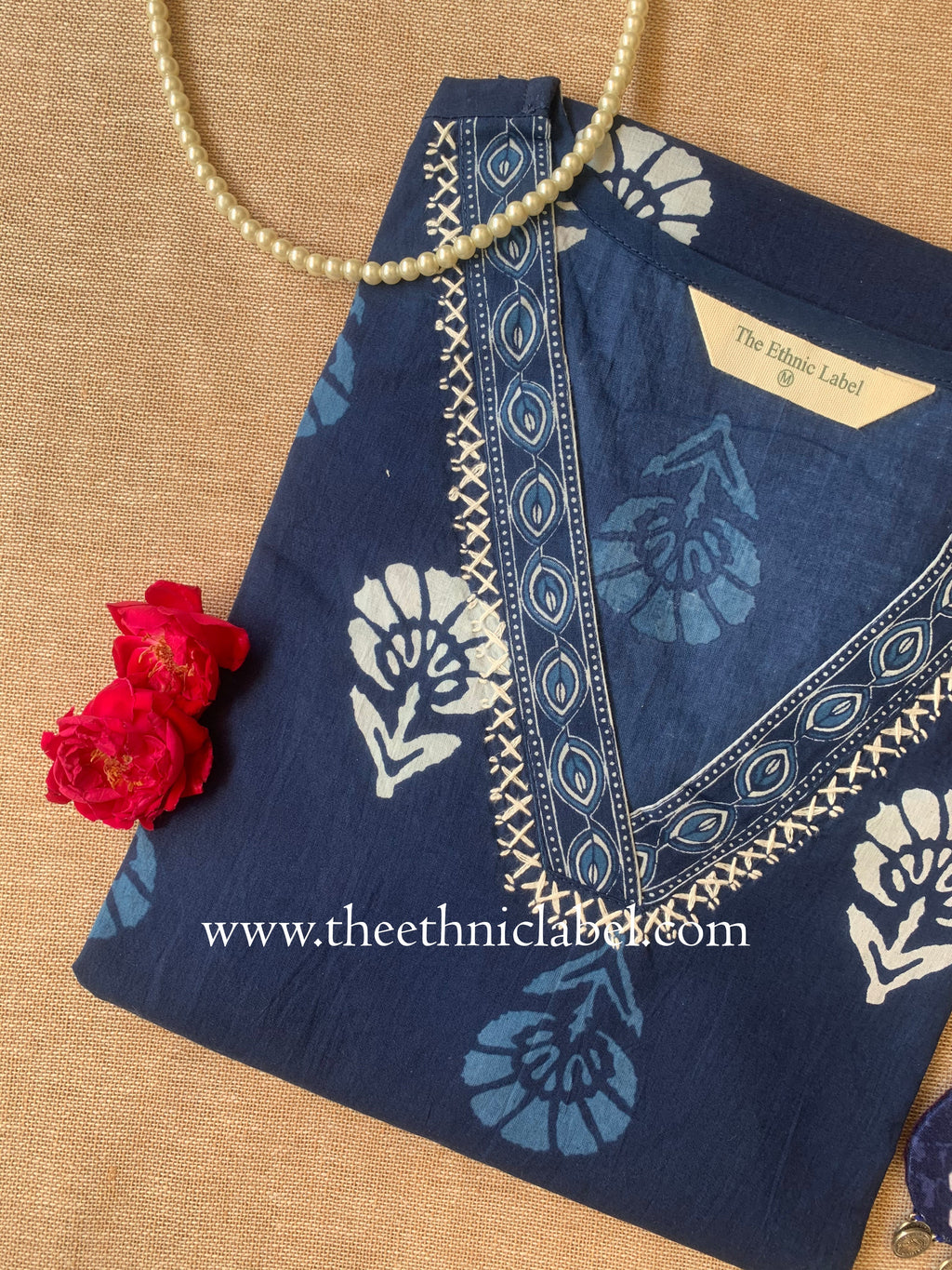 "Ambar" Indigo Hand Embroidered Cotton kurta - Big Size