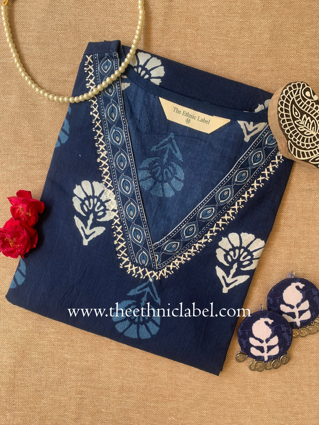 "Ambar" Indigo Hand Embroidered Cotton kurta - Big Size