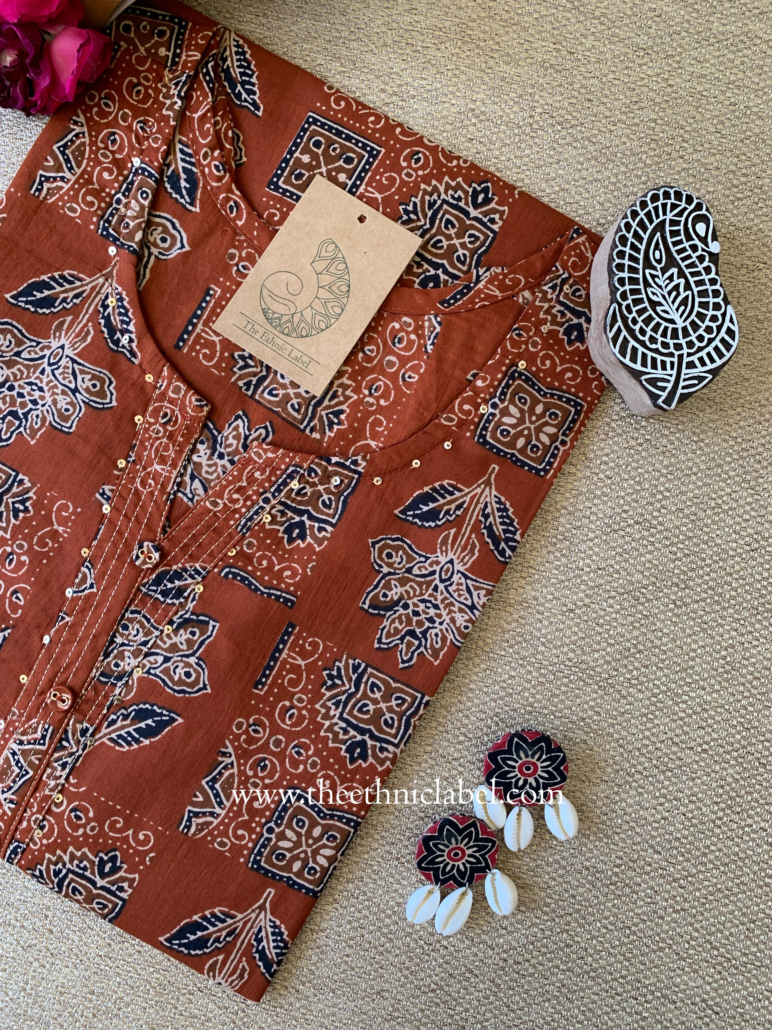 "Shefali" Rust Printed Cotton kurta
