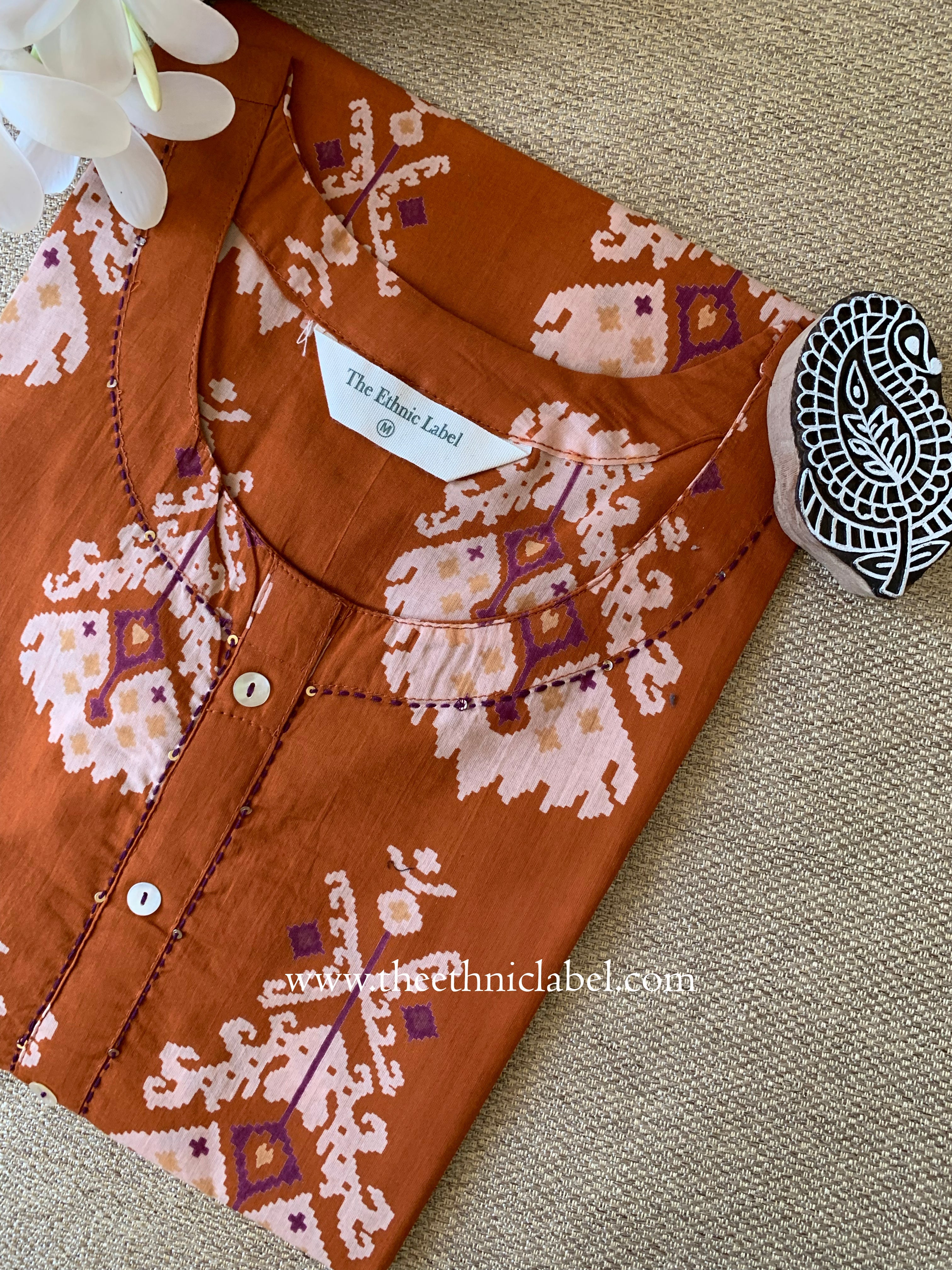 "Aekta" Rust Printed Cotton kurta