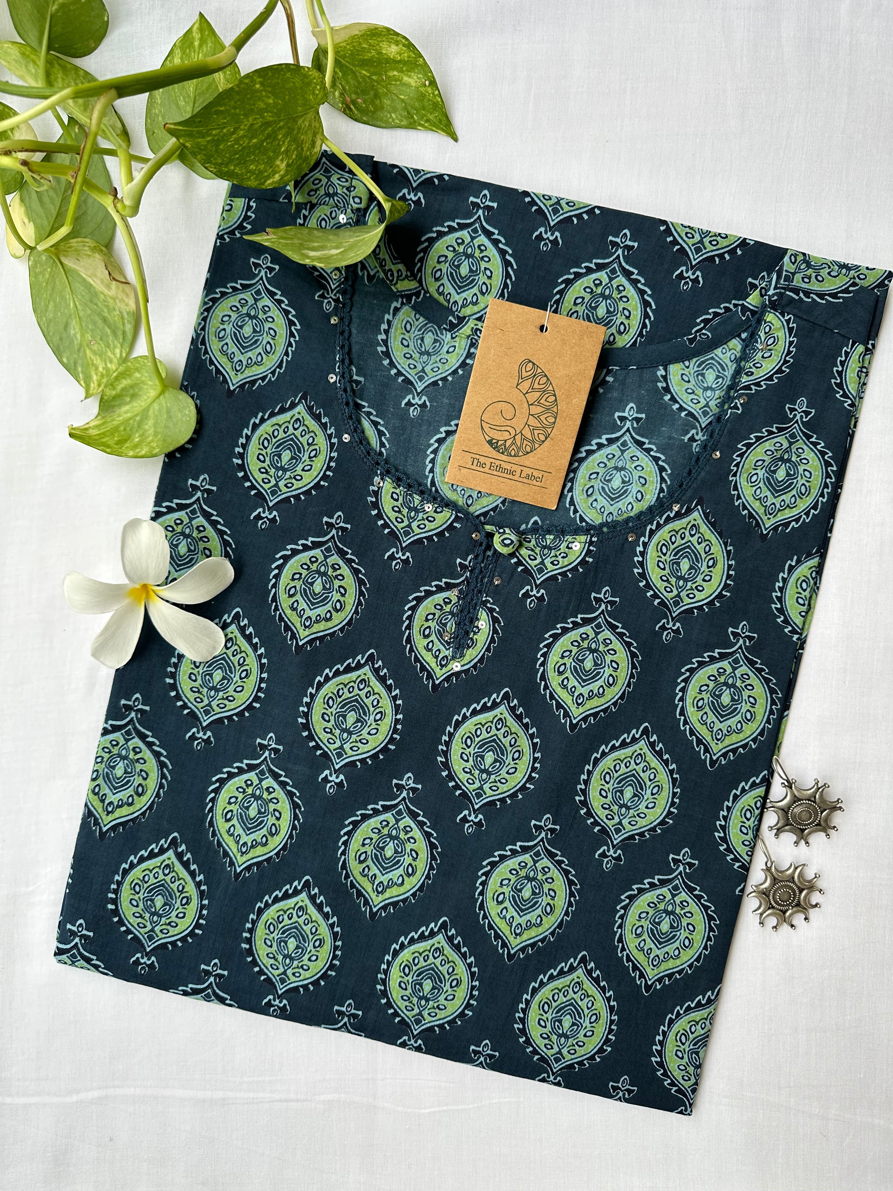 Blue Ajrakh Hand Block Printed laced Cotton kurta - Big Size-5XL