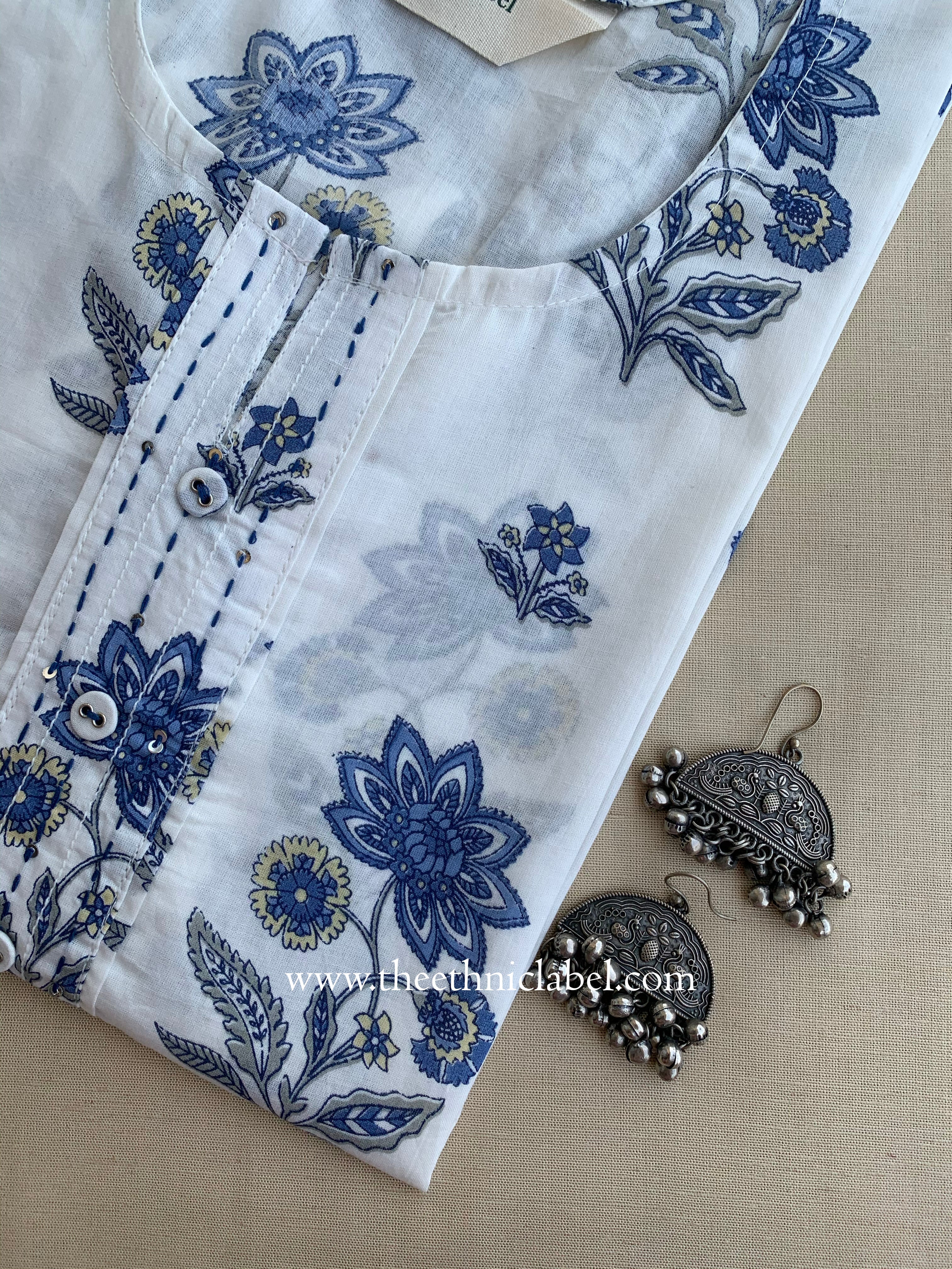 "Raha" Blue Buttoned Cotton kurta