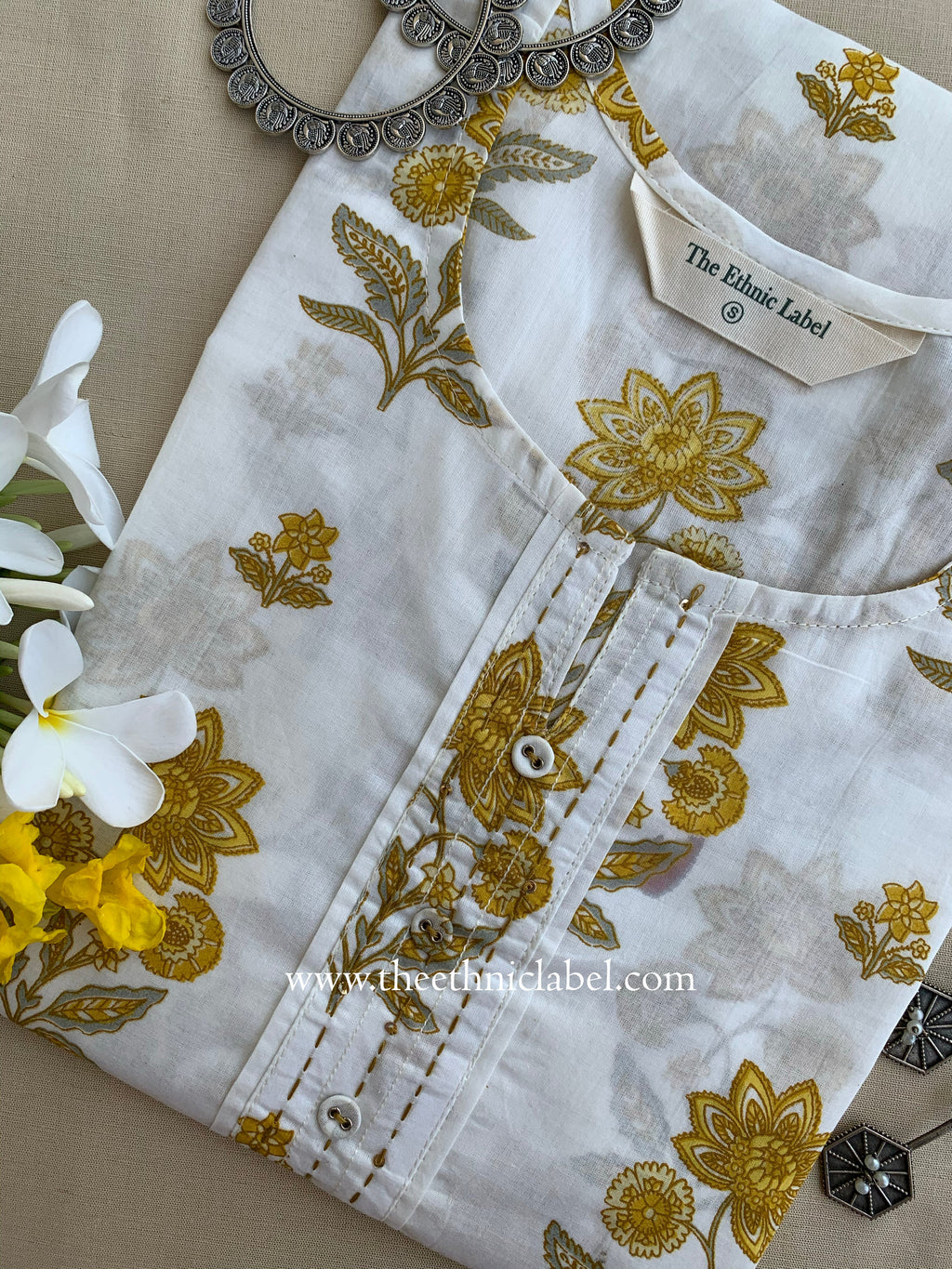 "Raha" Mustard Buttoned Cotton kurta