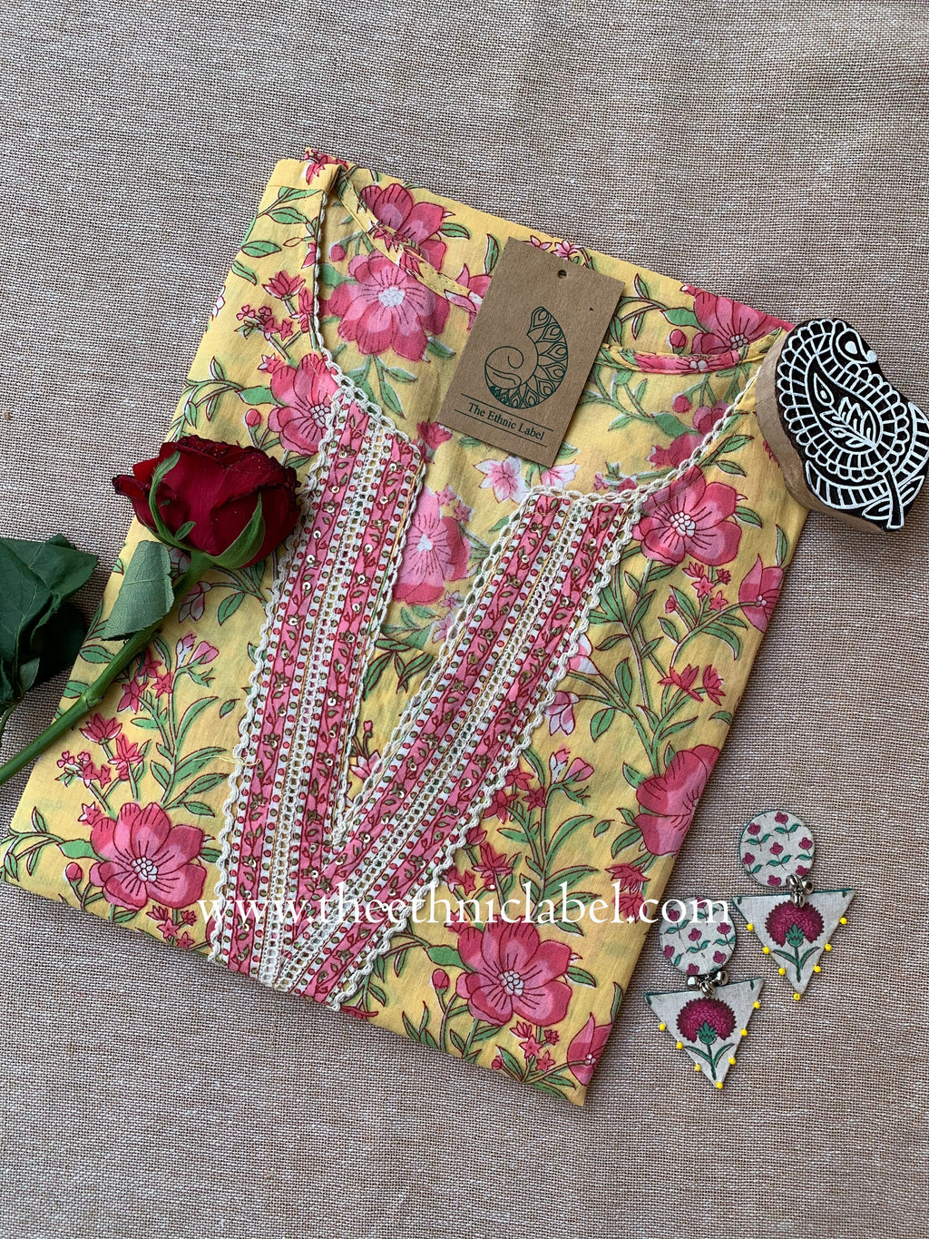 "Bhuvi" Floral Laced Cotton kurta - S
