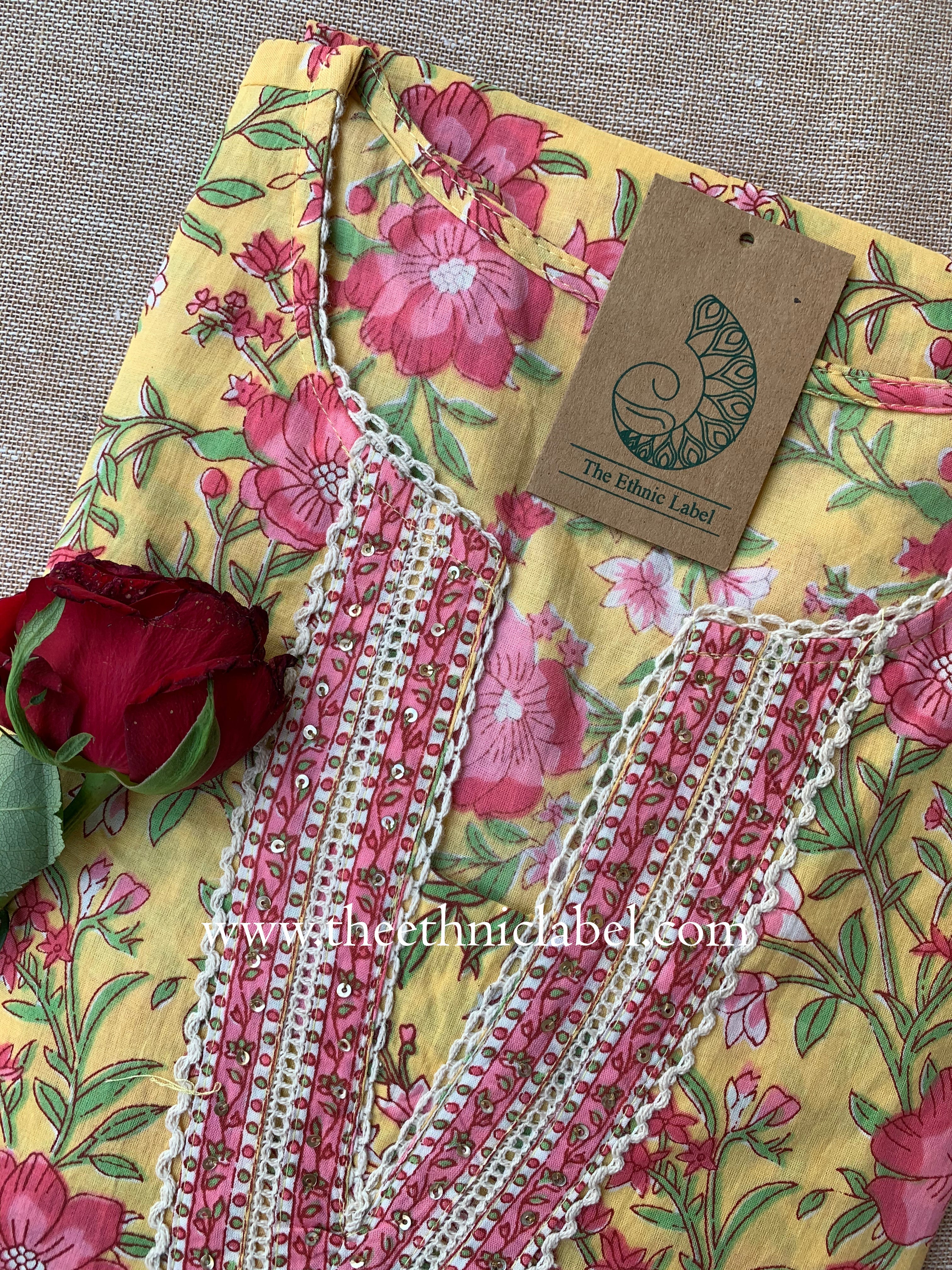 "Bhuvi" Floral Laced Cotton kurta - S