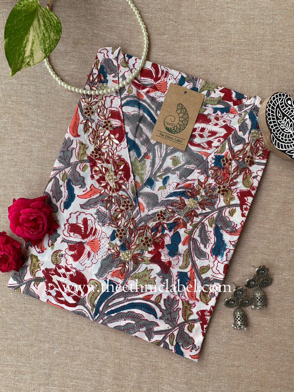 "Yogita" Hand Embroidered Block Printed Cotton kurta - L