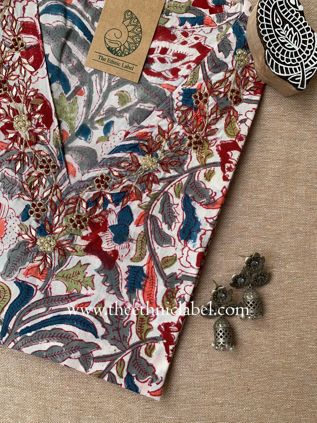"Yogita" Hand Embroidered Block Printed Cotton kurta - L
