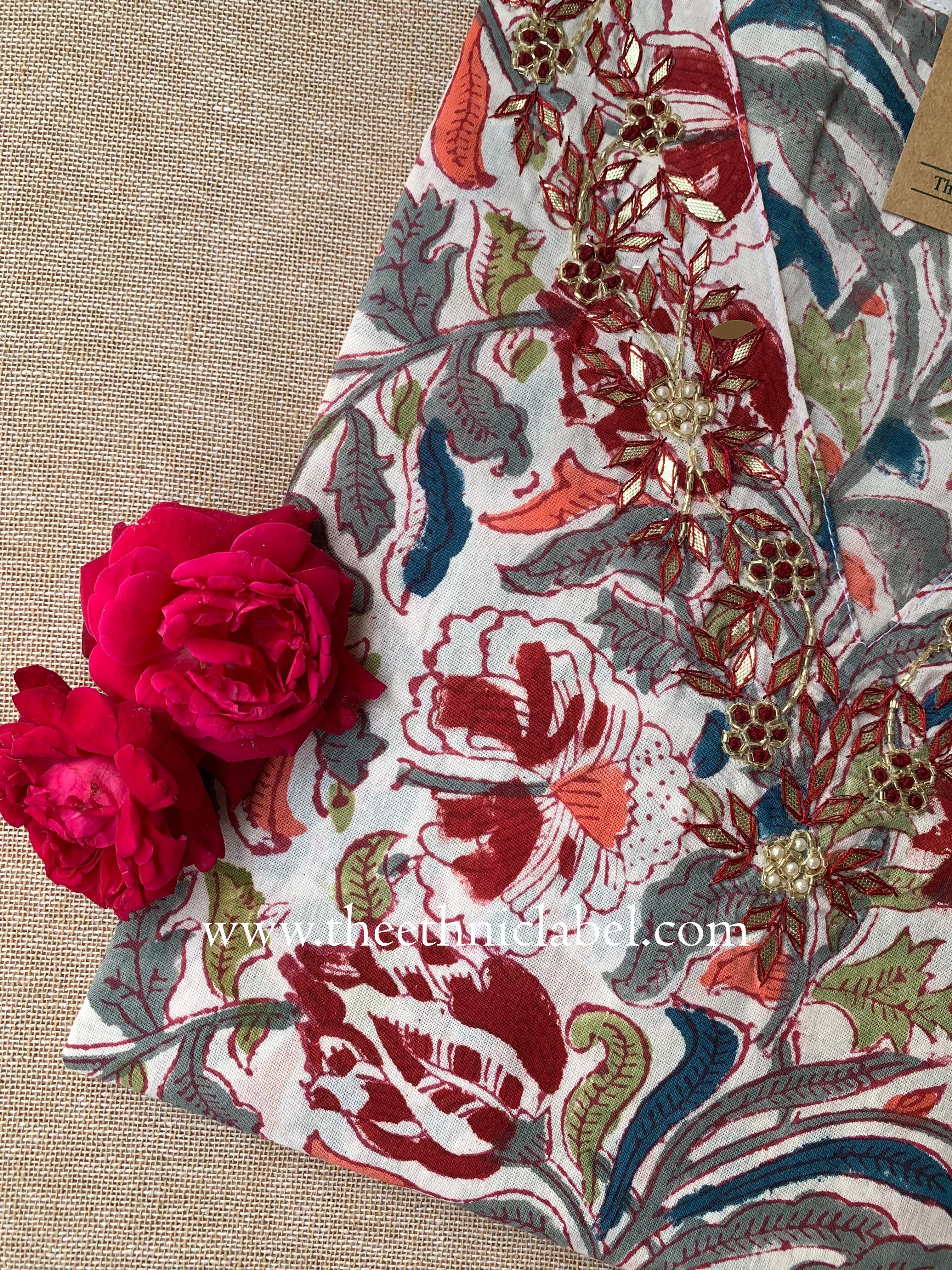 "Yogita" Hand Embroidered Block Printed Cotton kurta - L