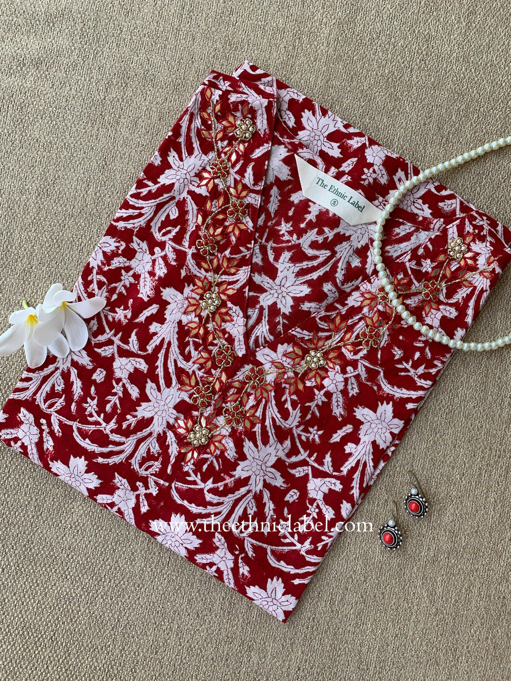 Ruby Hand-embroidered Block Print Cotton kurta
