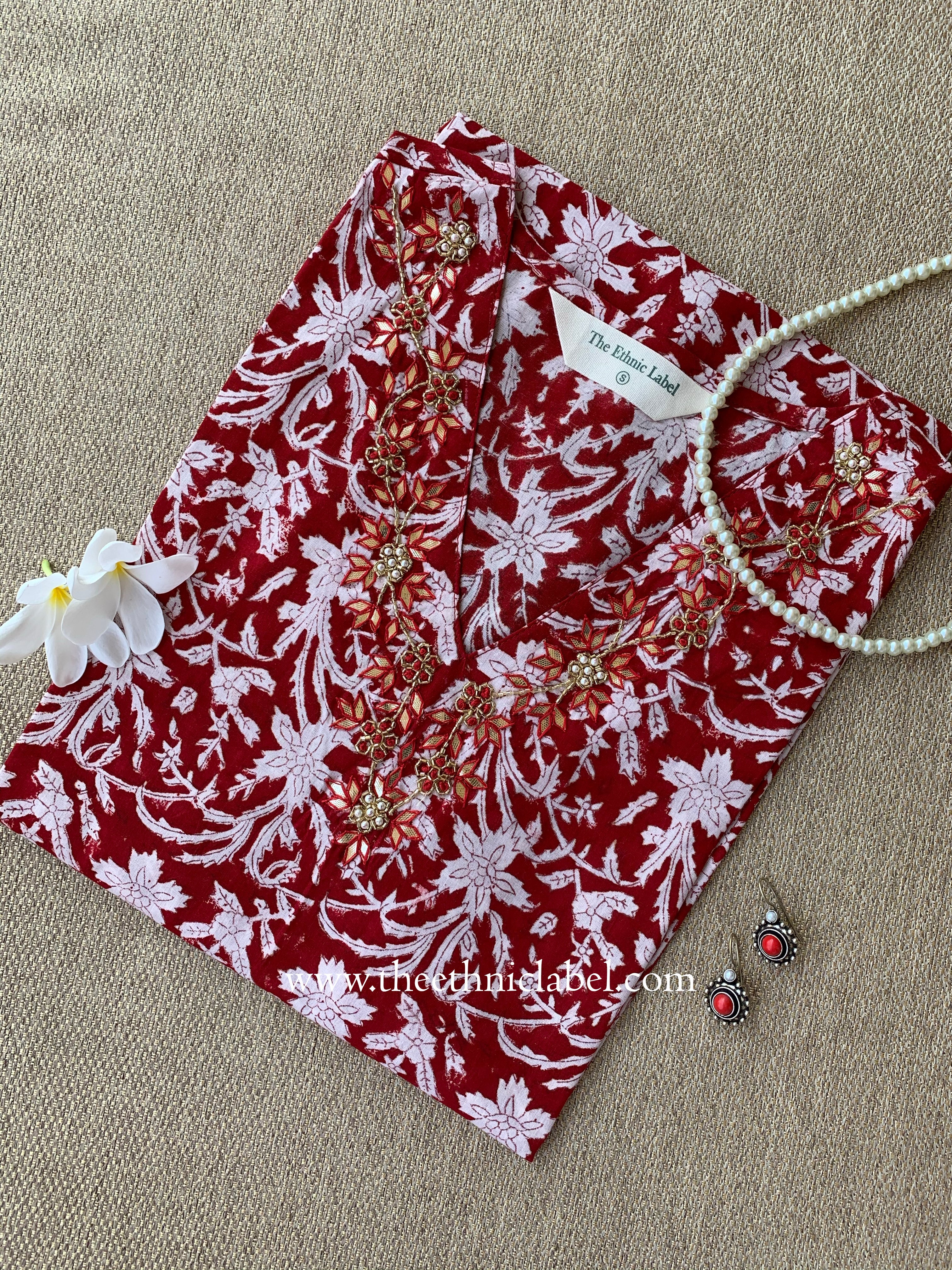 Ruby Hand-embroidered Block Print Cotton kurta