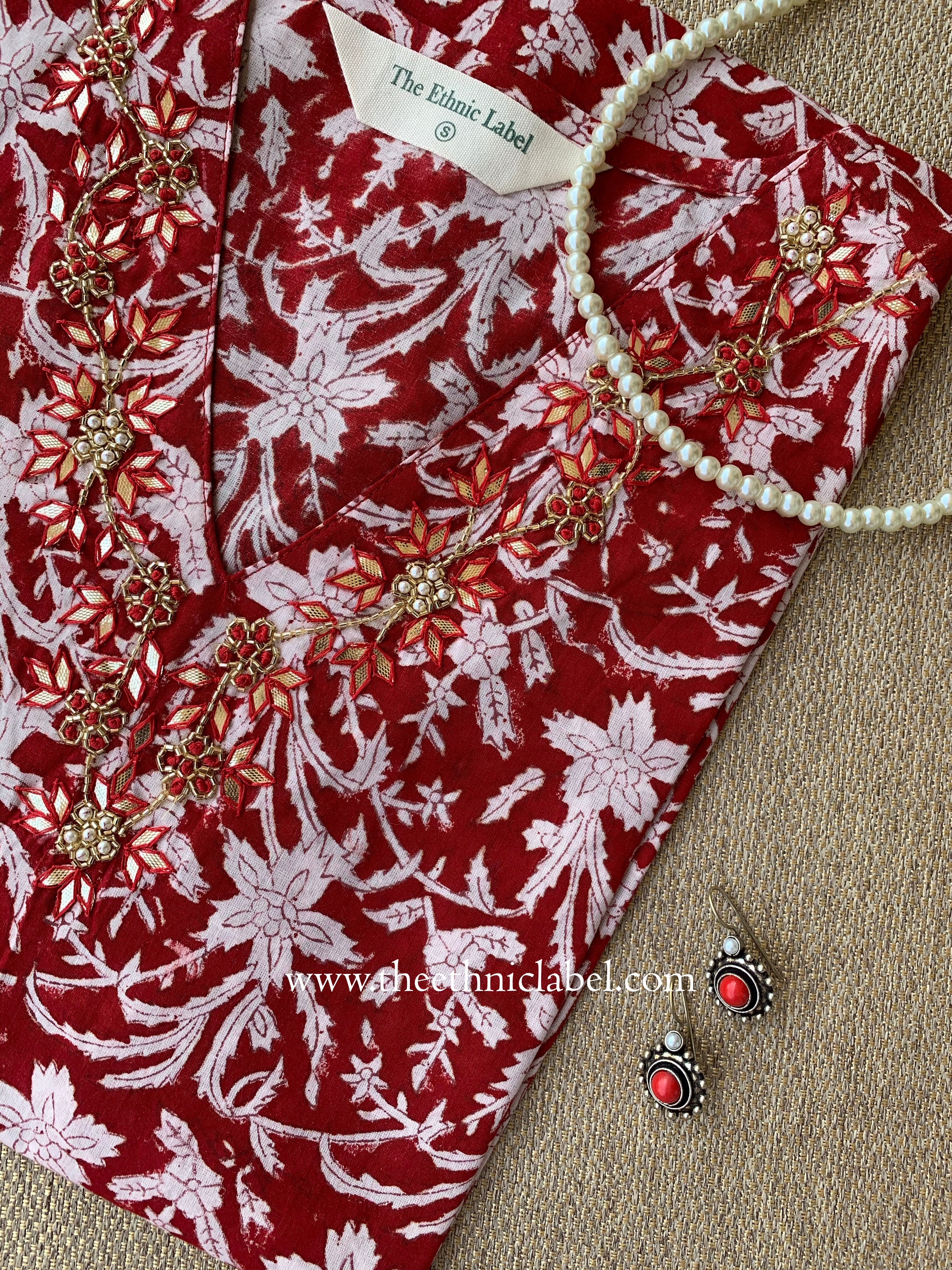 Ruby Hand-embroidered Block Print Cotton kurta