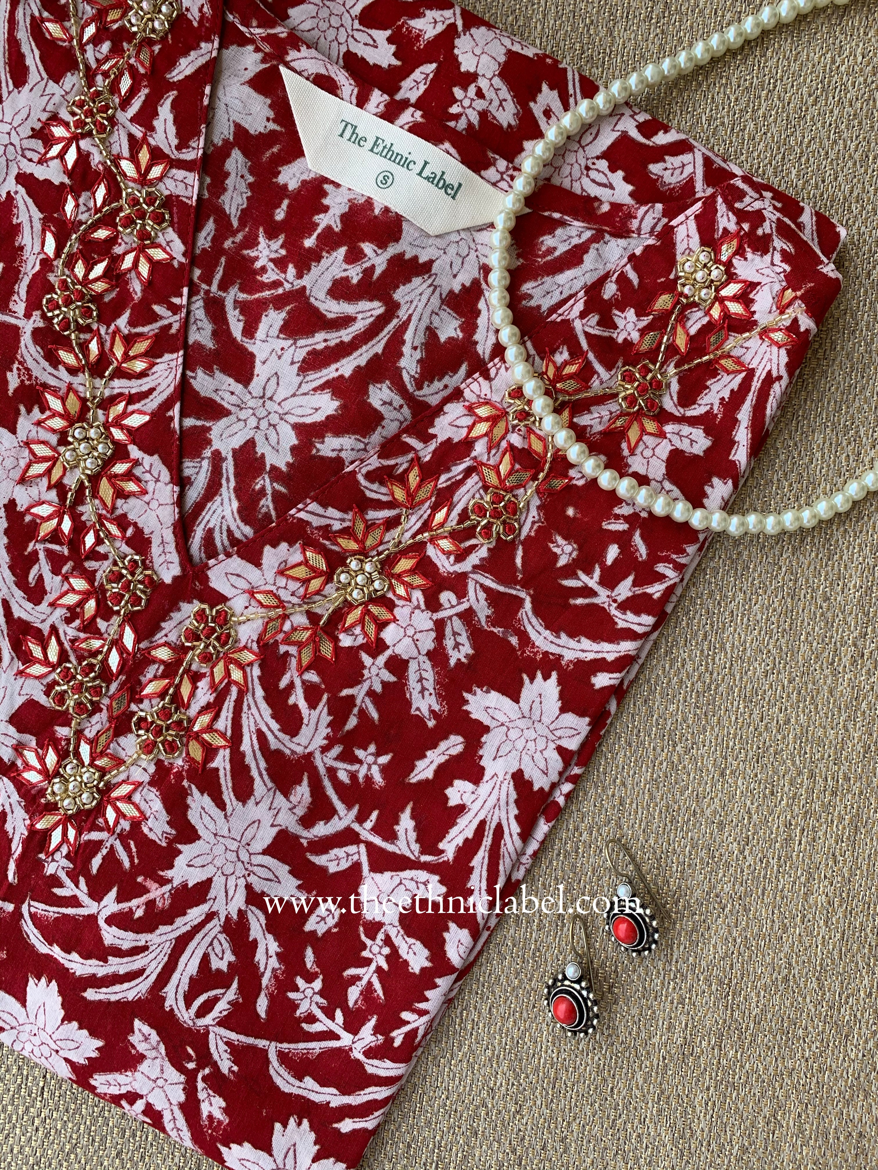 Ruby Hand-embroidered Block Print Cotton kurta