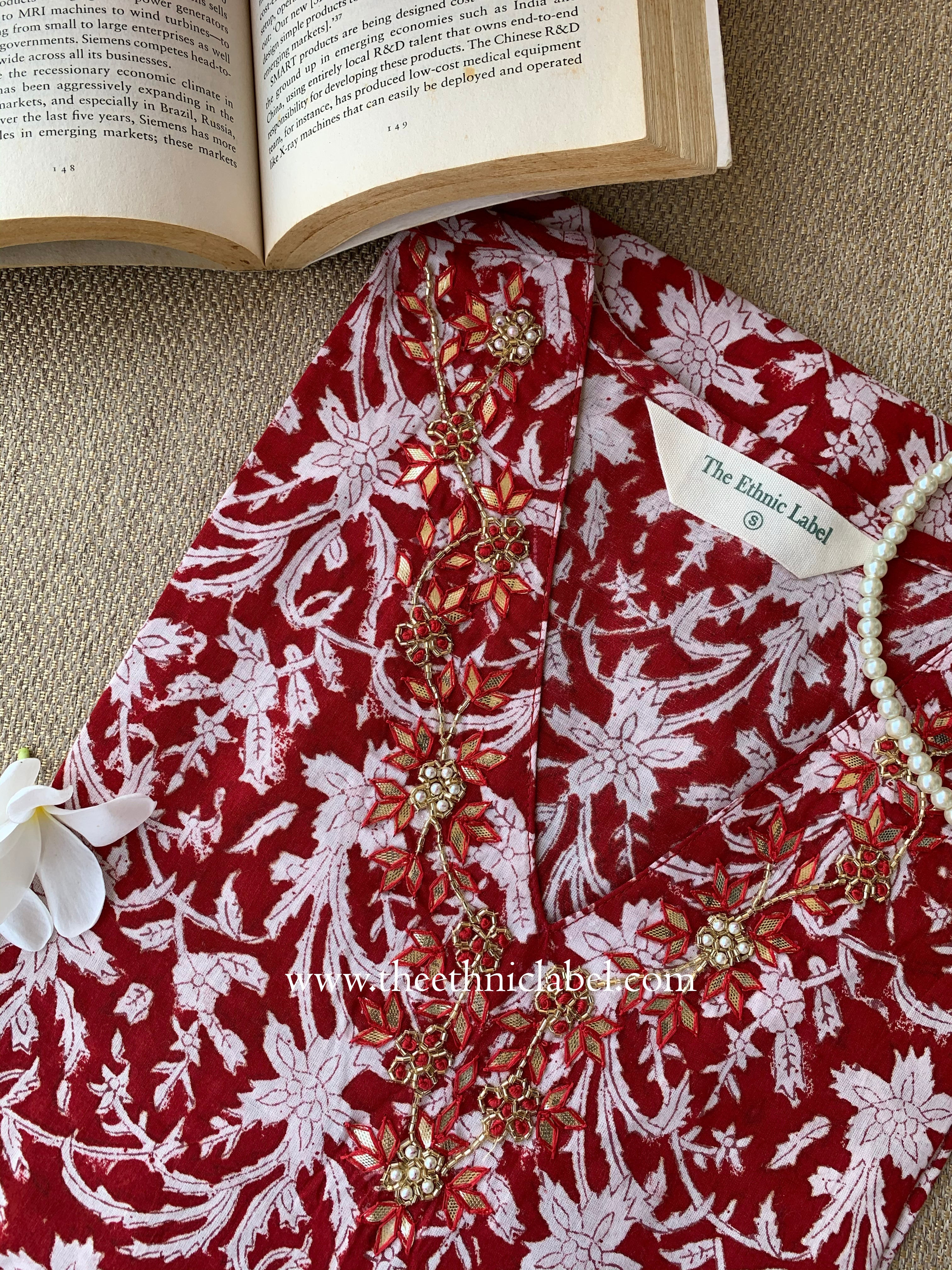 Ruby Hand-embroidered Block Print Cotton kurta