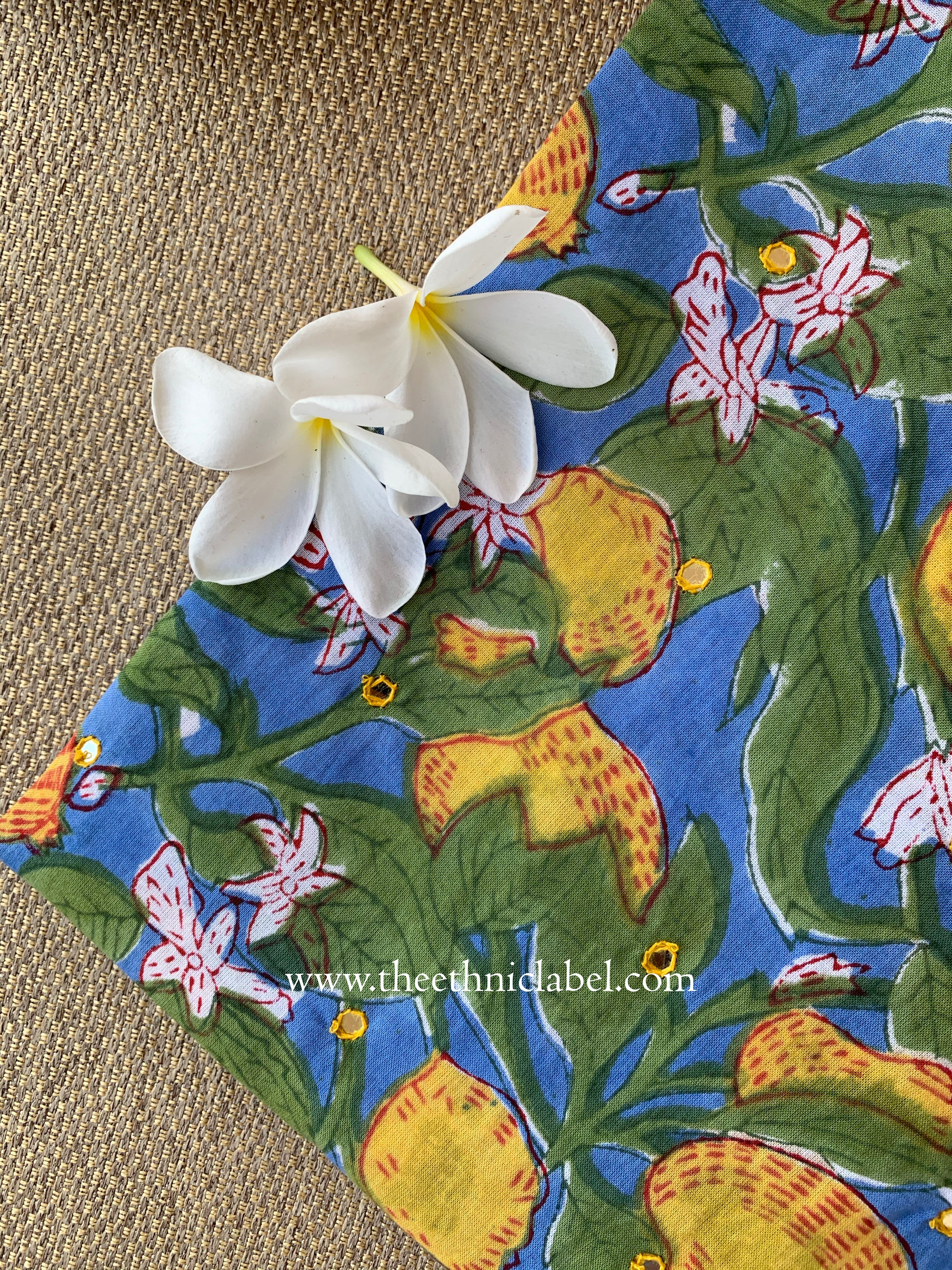 Nimbu Hand-embroidered Block Print Cotton kurta