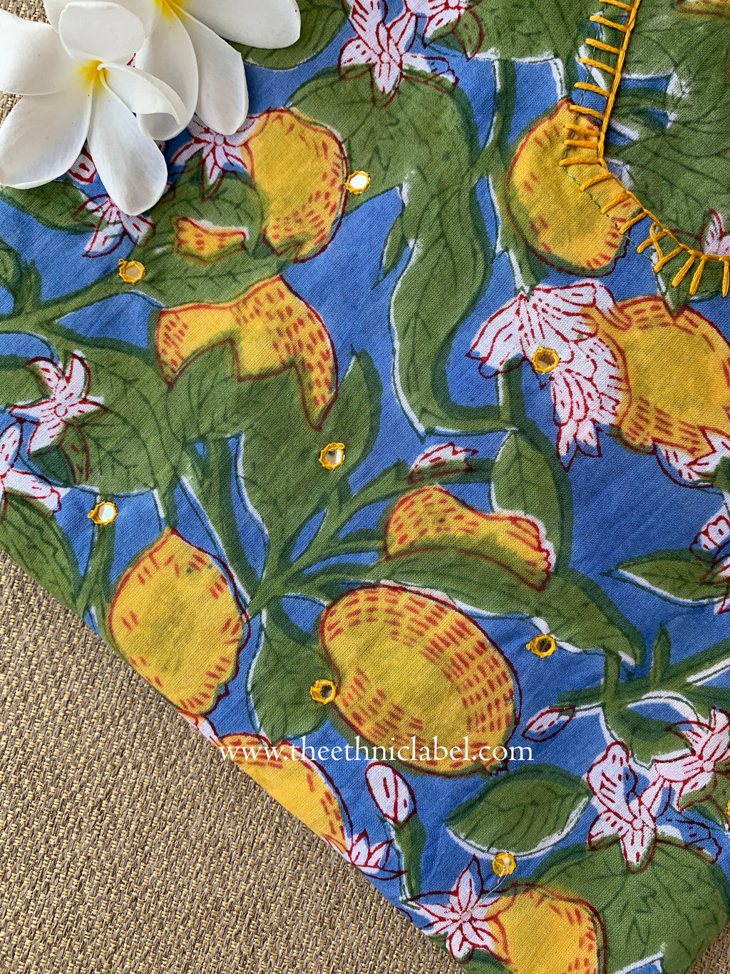 Nimbu Hand-embroidered Block Print Cotton kurta