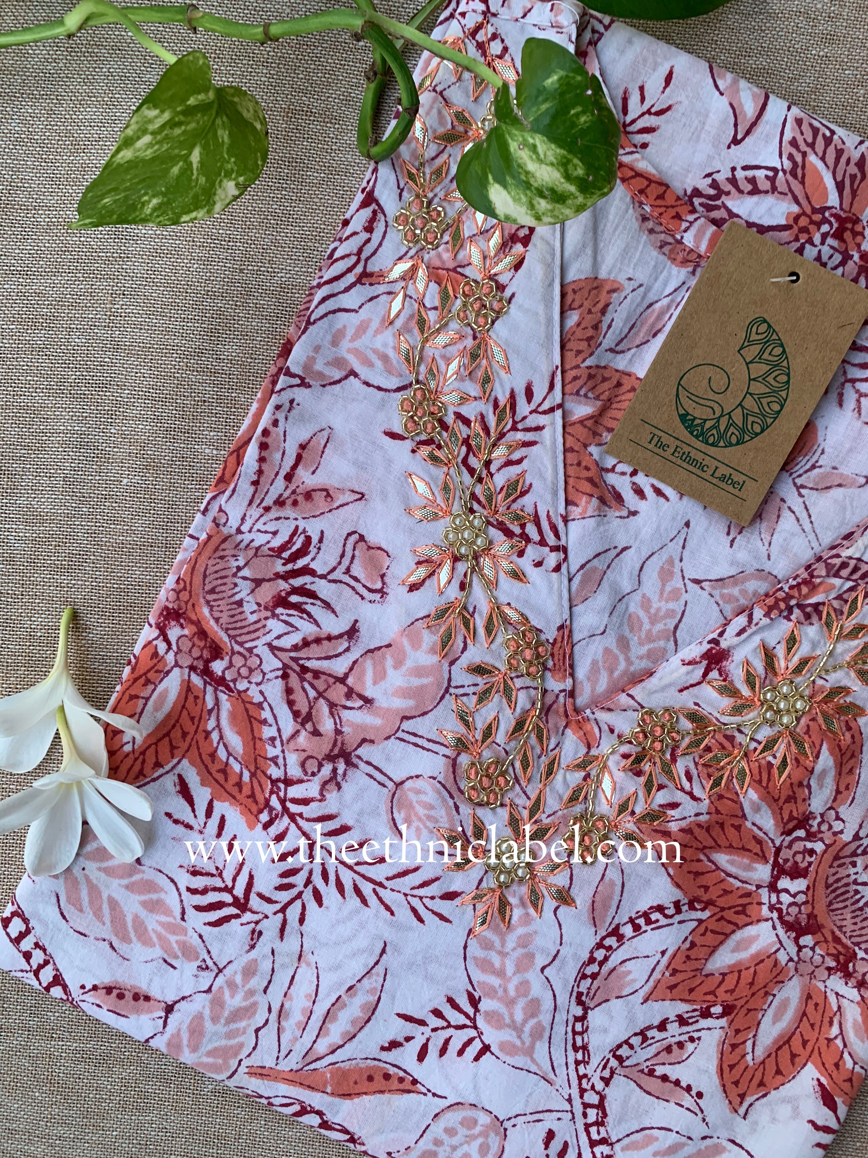 "Ragavi" Hand Embroidered Block Printed Cotton kurta