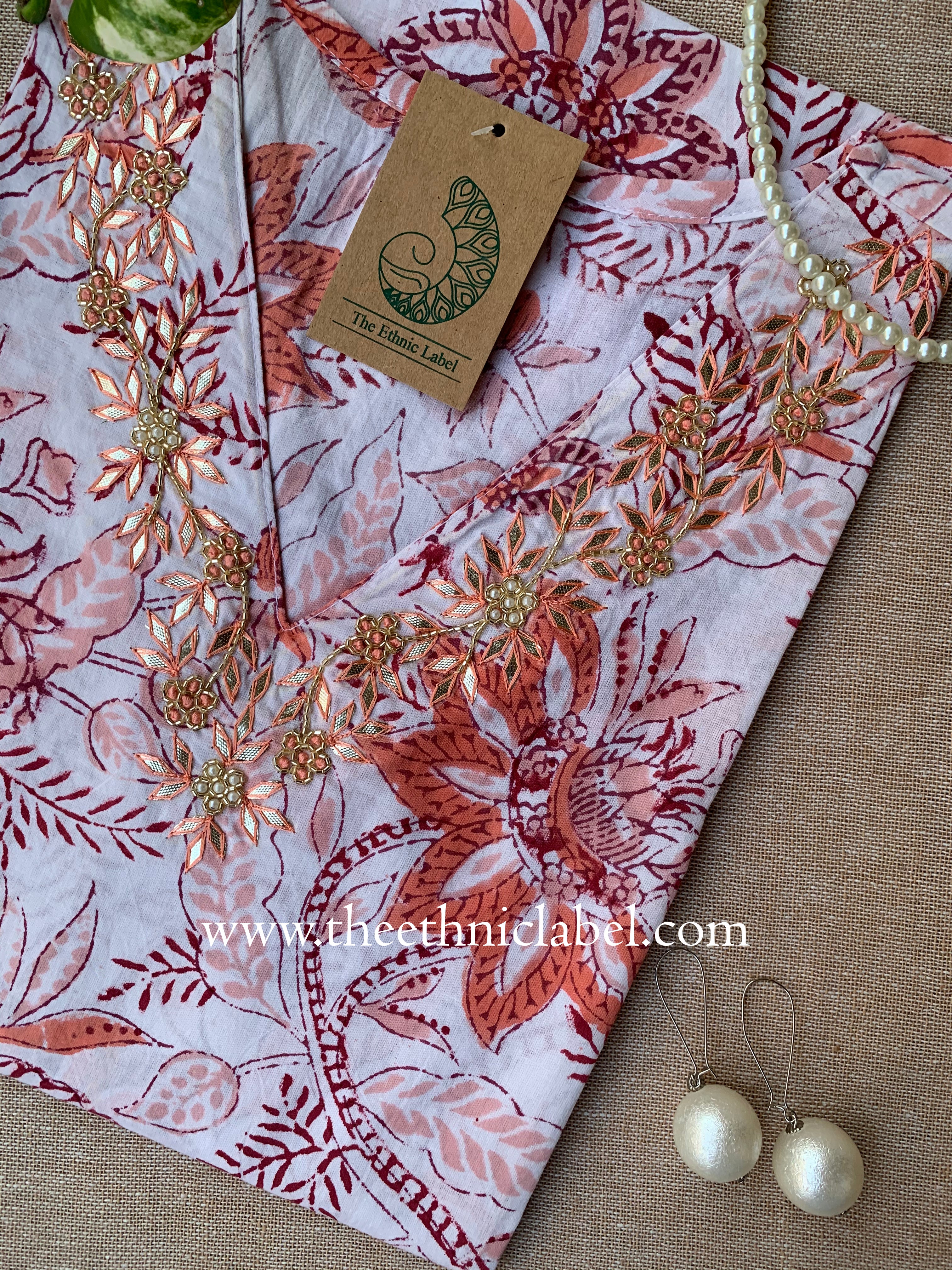 "Ragavi" Hand Embroidered Block Printed Cotton kurta