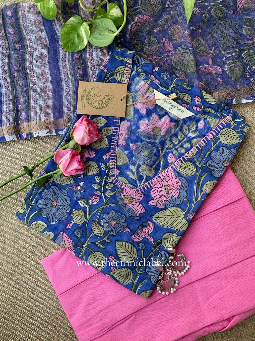 "Saanvi" Hand Embroidered Cotton Kurta Set - 3pc