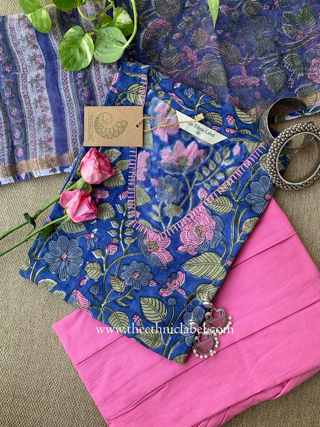 "Saanvi" Hand Embroidered Cotton Kurta Set - 3pc