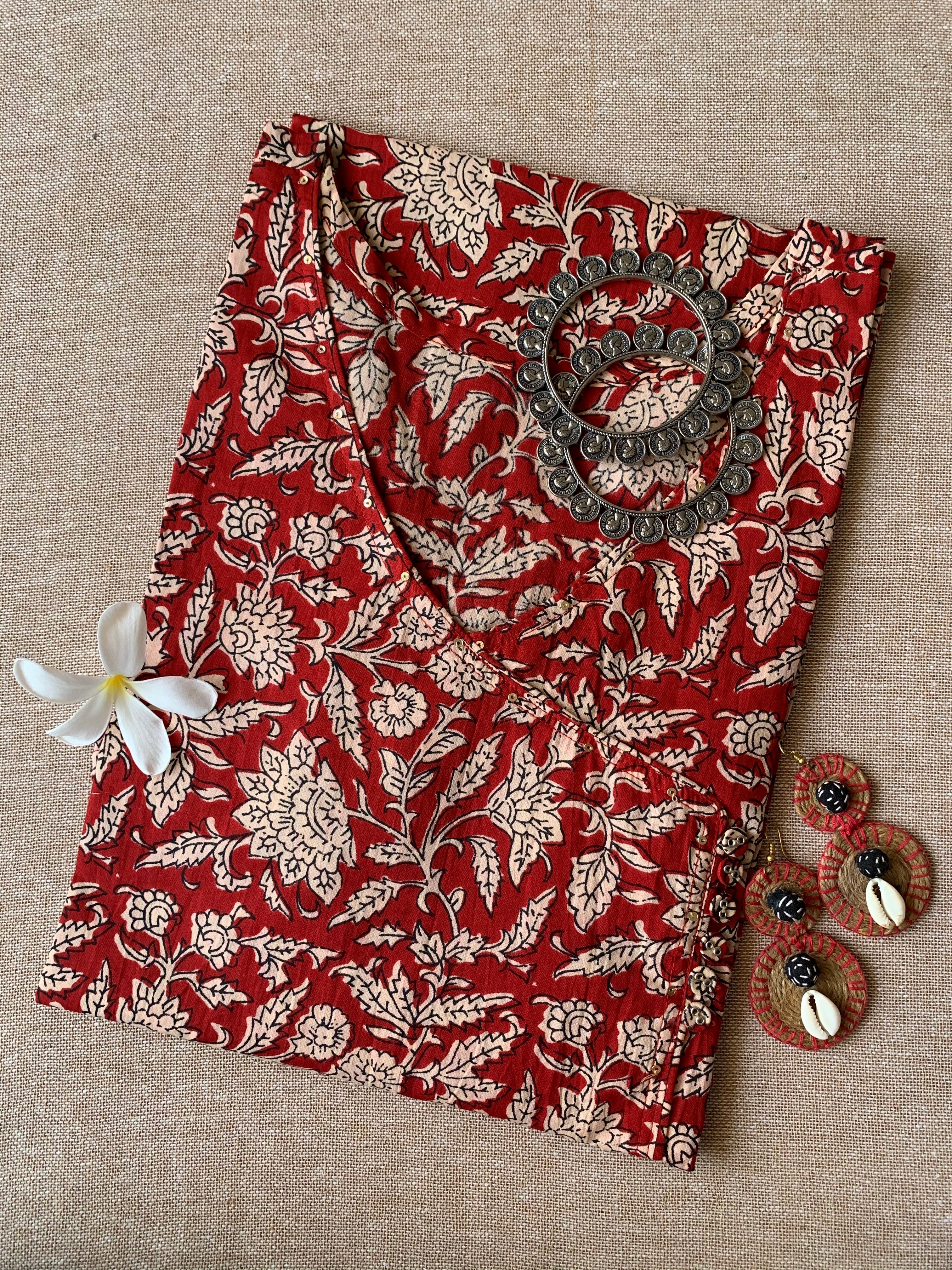 Maroon Bagru Angrakha Cotton Kurta-S, XL, XXL