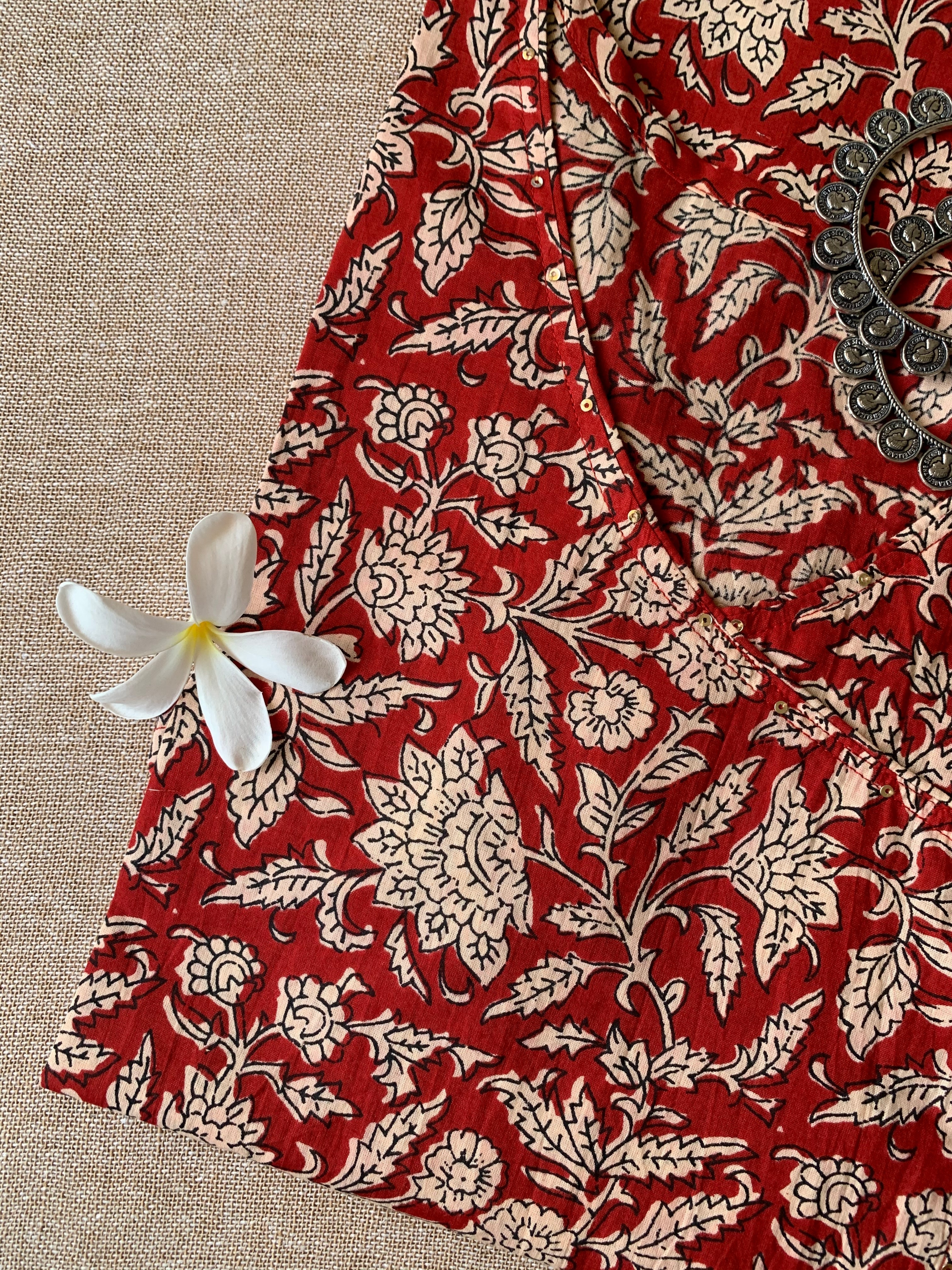 Maroon Bagru Angrakha Cotton Kurta-S, XL, XXL
