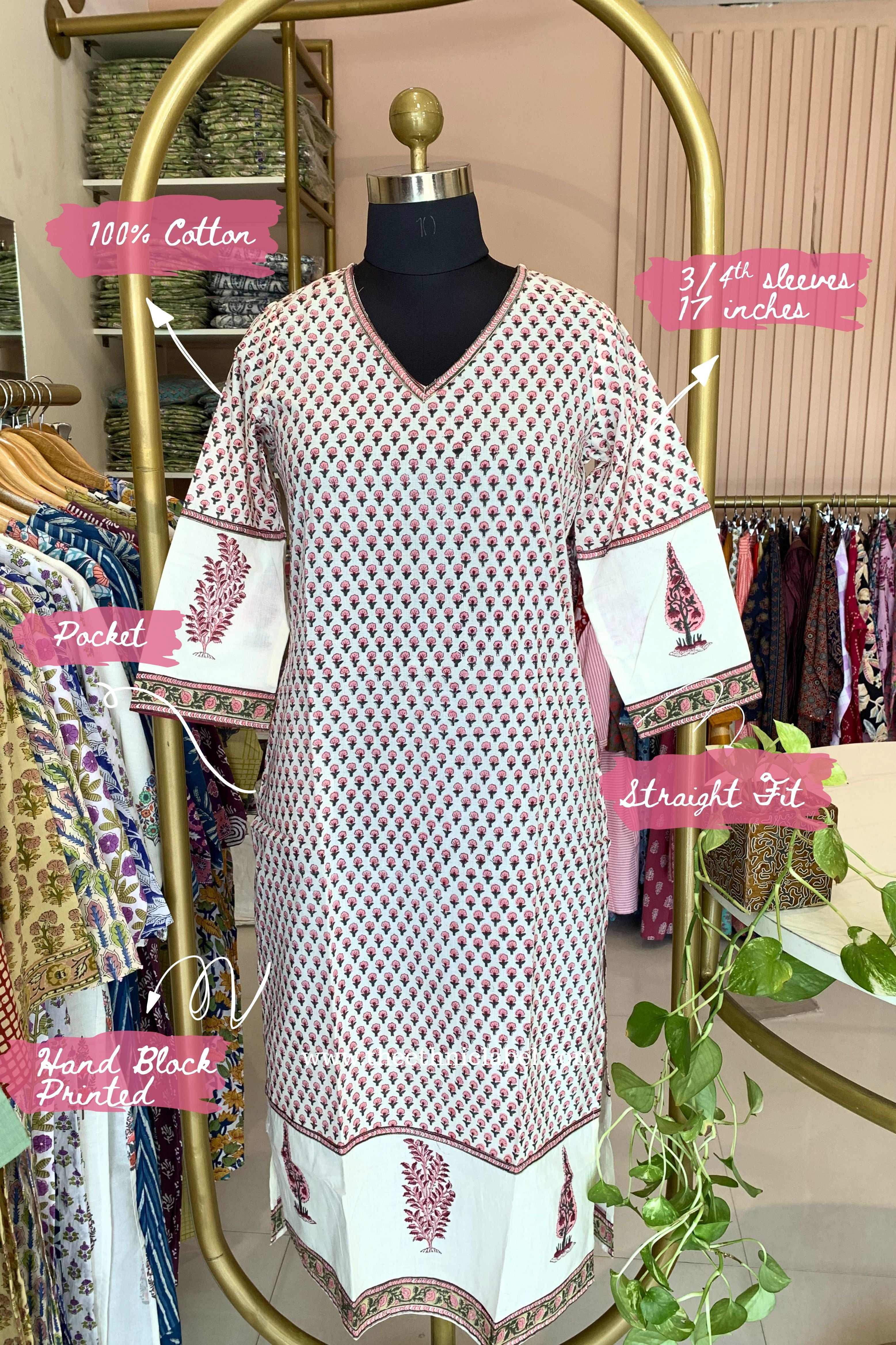 "Mira" Hand Block Printed White Cotton Kurta