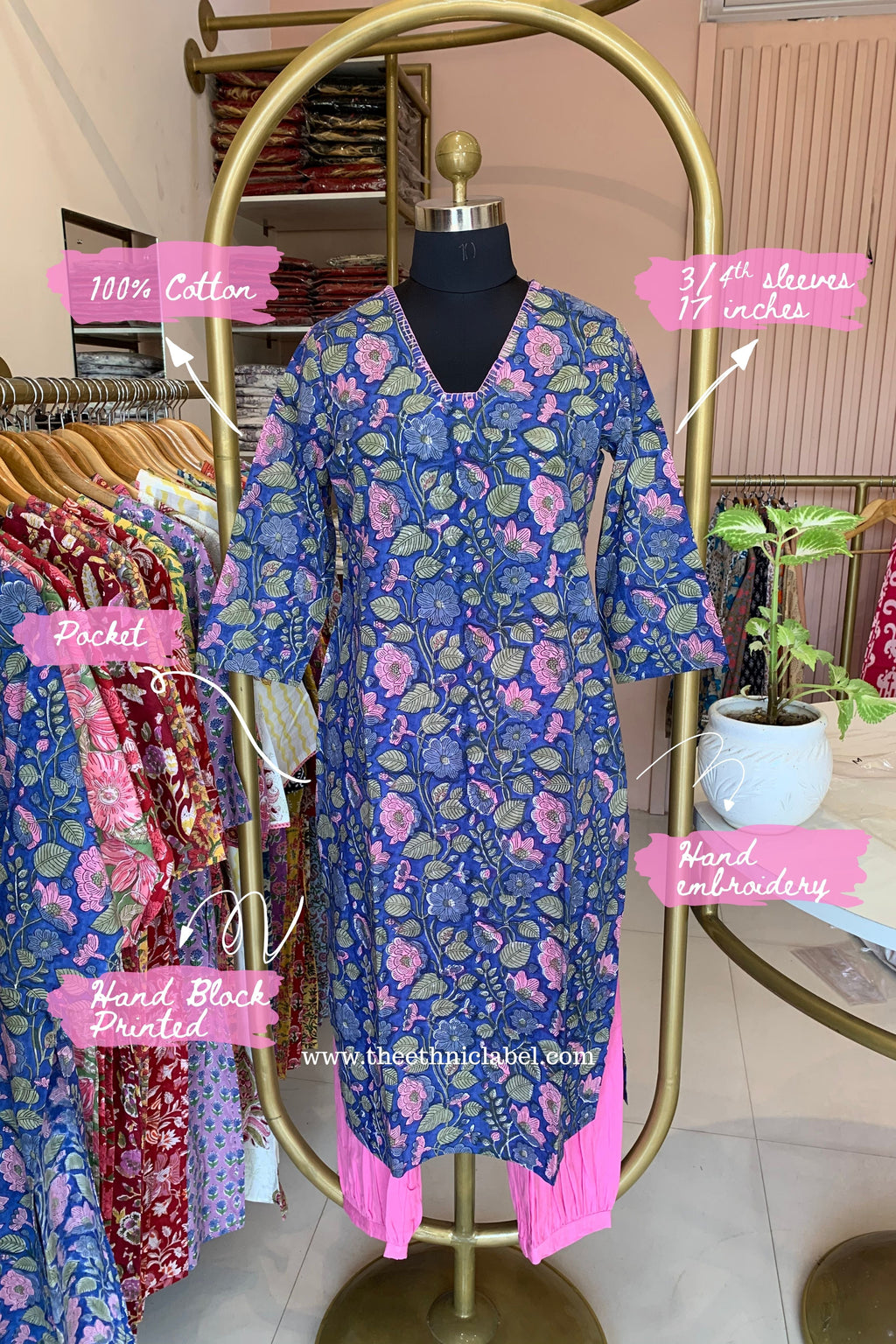 "Saanvi" Hand Embroidered Cotton Kurta Set - 3pc