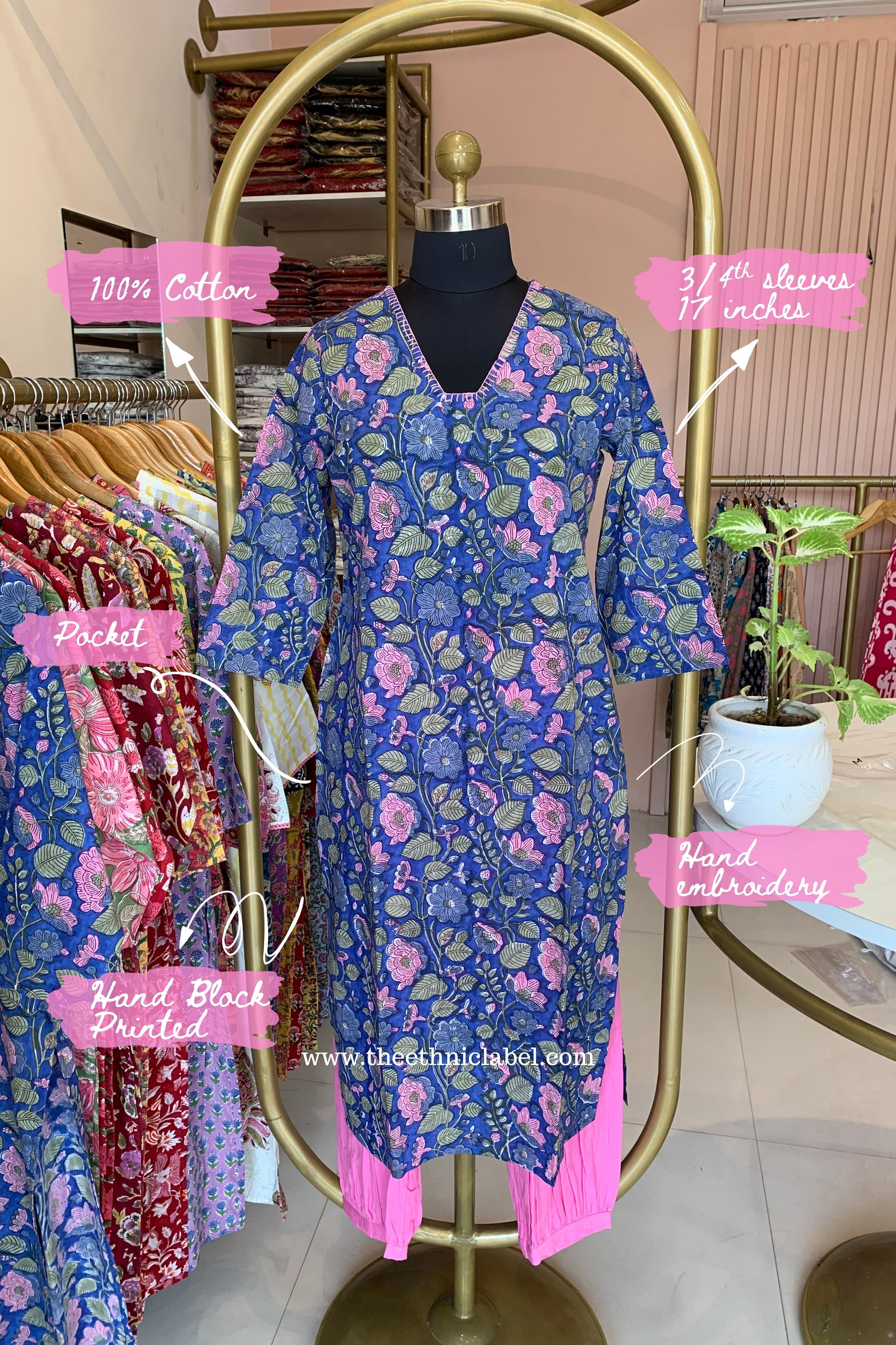 "Saanvi" Hand Embroidered Cotton Kurta Set - 3pc