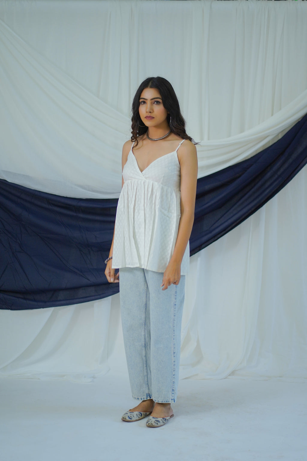 White Cotton Striped Top- XS