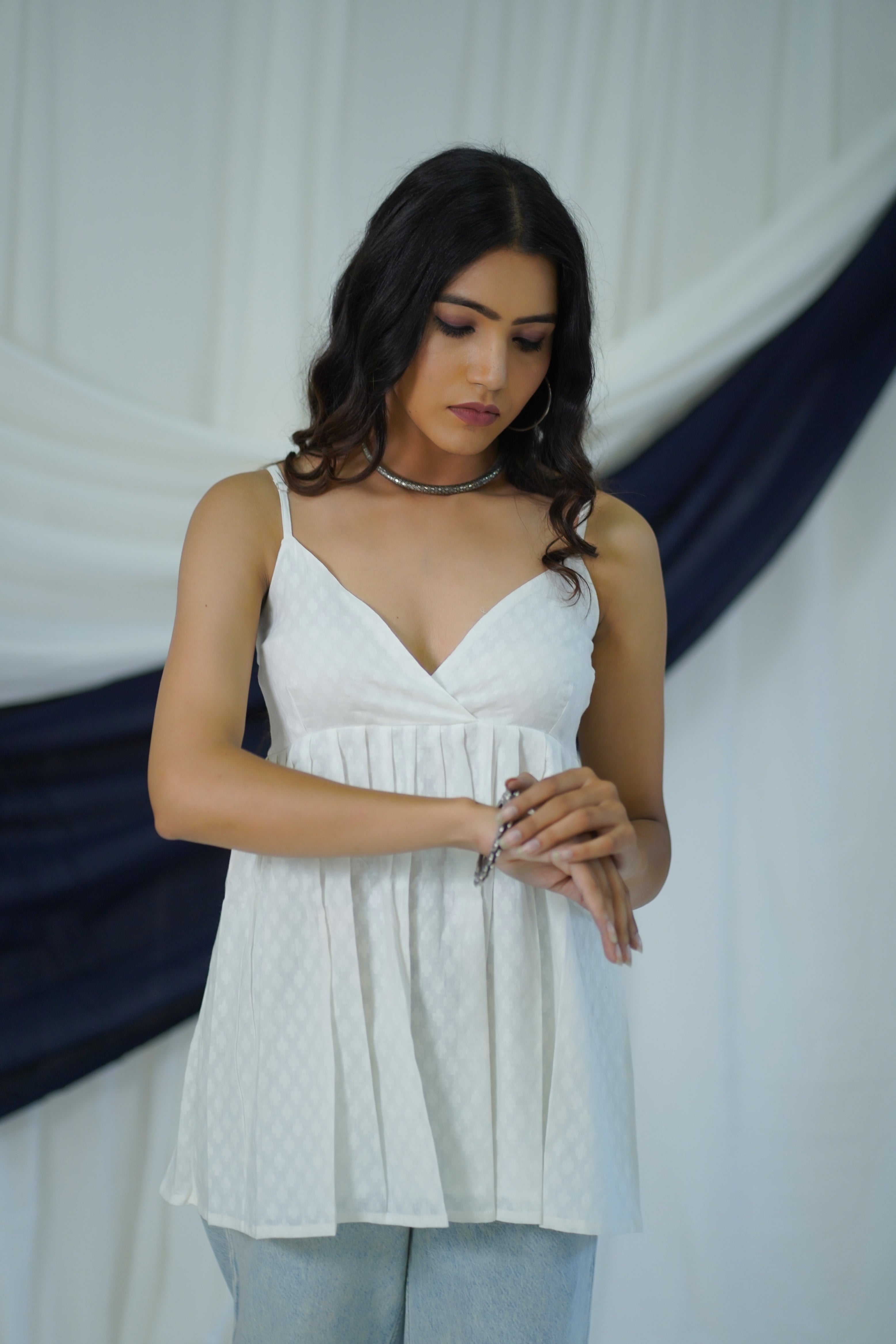 White Cotton Striped Top- XS