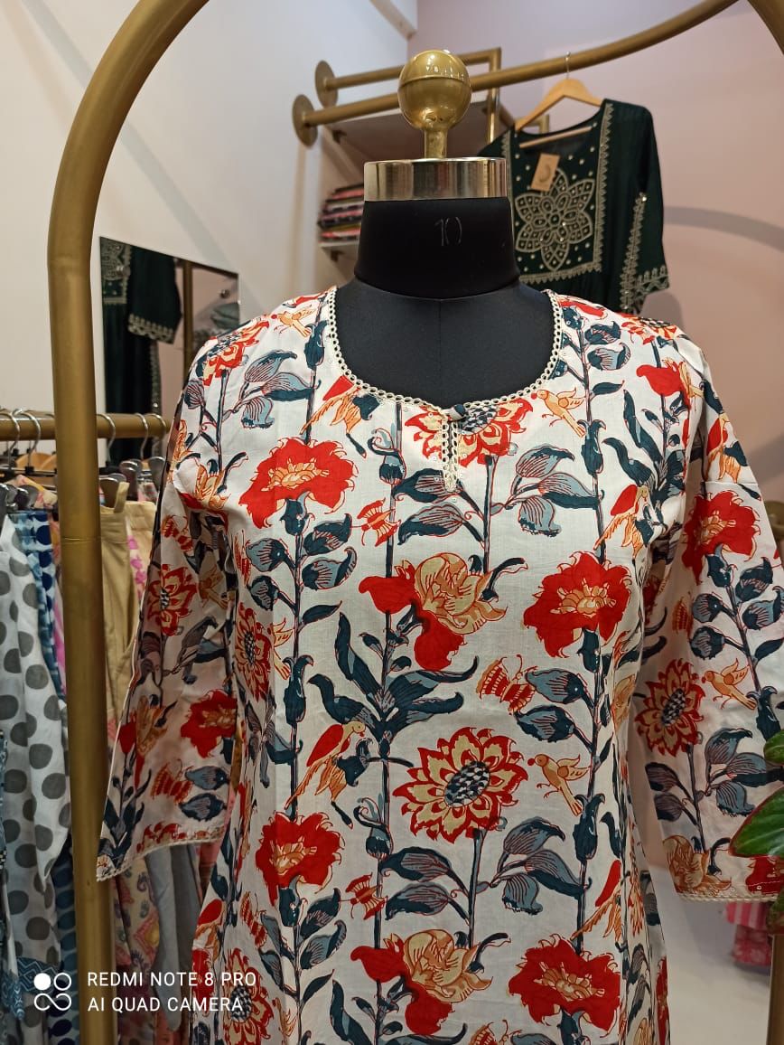 Cream Floral Bird Cotton Kurta - S