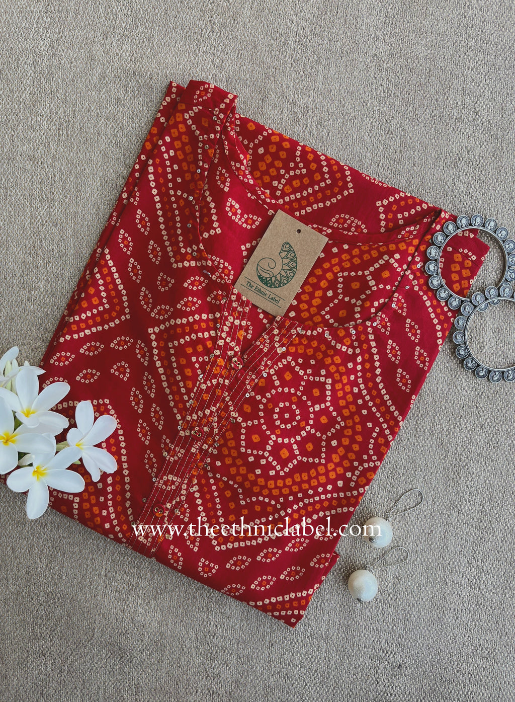 "Ritu" Red Bandhani Printed Cotton kurta - Big Size