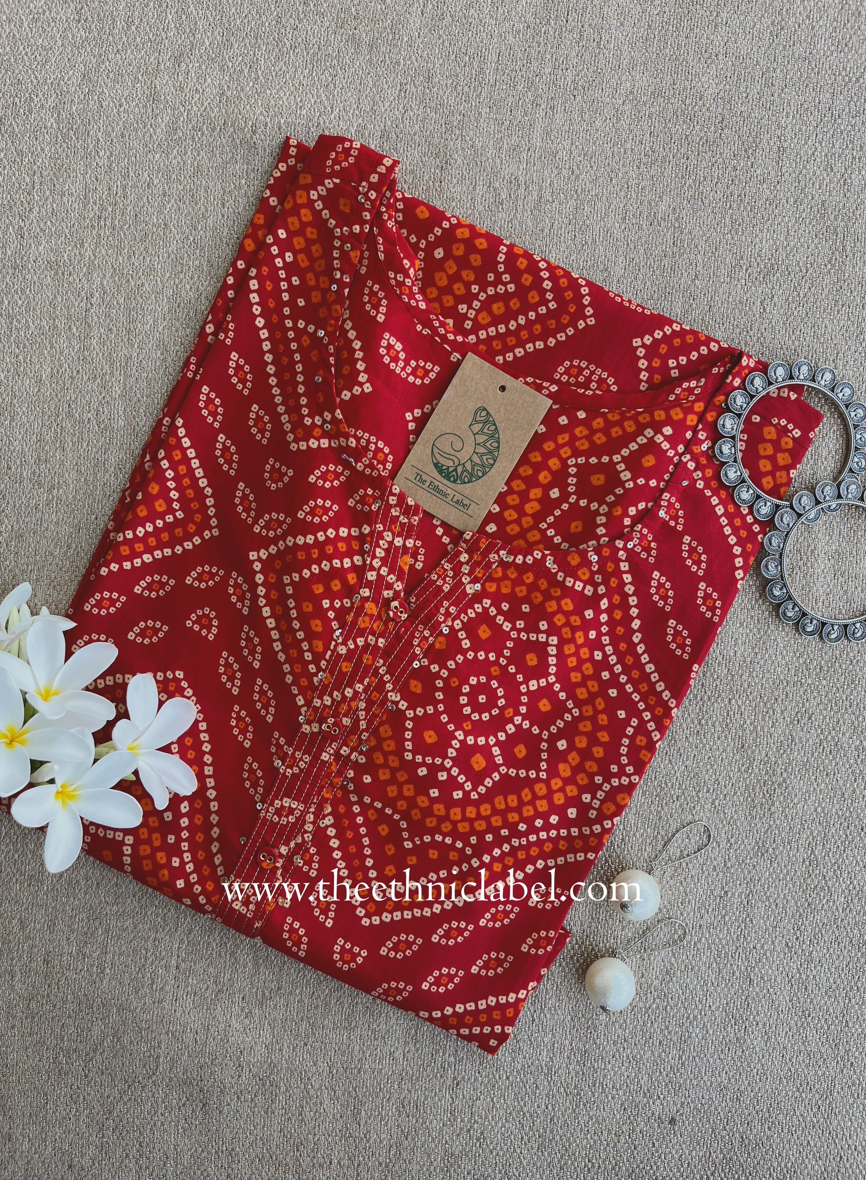 "Ritu" Red Bandhani Printed Cotton kurta - Big Size