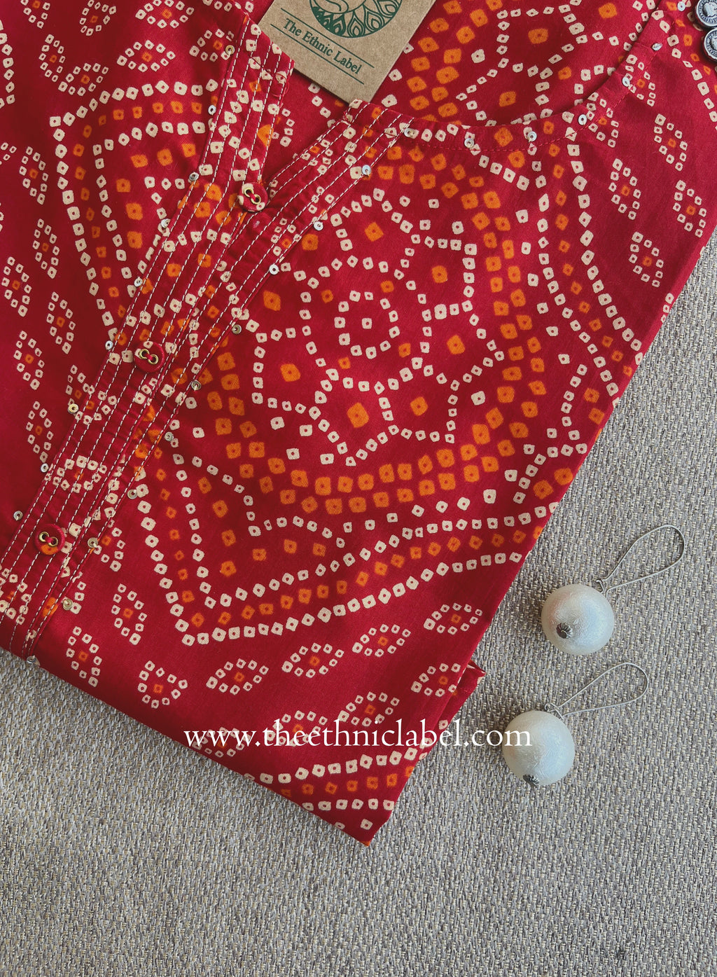"Ritu" Red Bandhani Printed Cotton kurta - Big Size