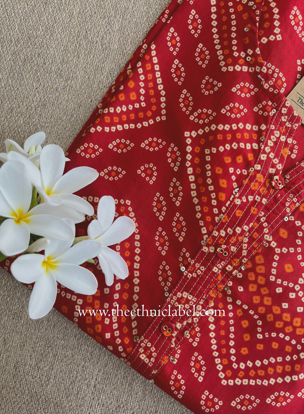 "Ritu" Red Bandhani Printed Cotton kurta - Big Size