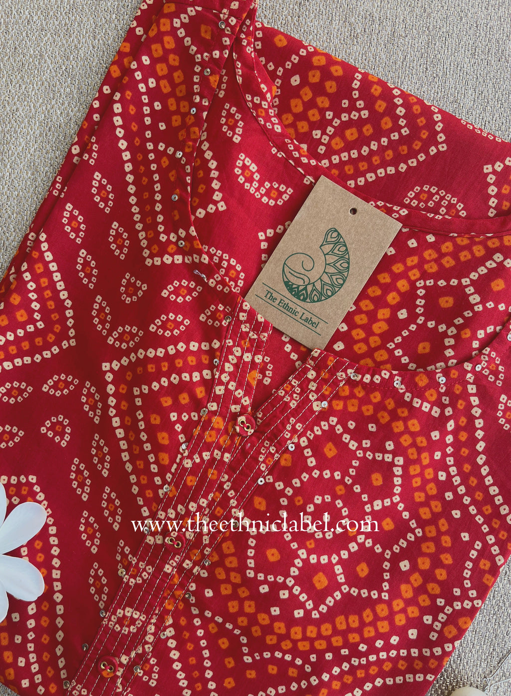 "Ritu" Red Bandhani Printed Cotton kurta - Big Size