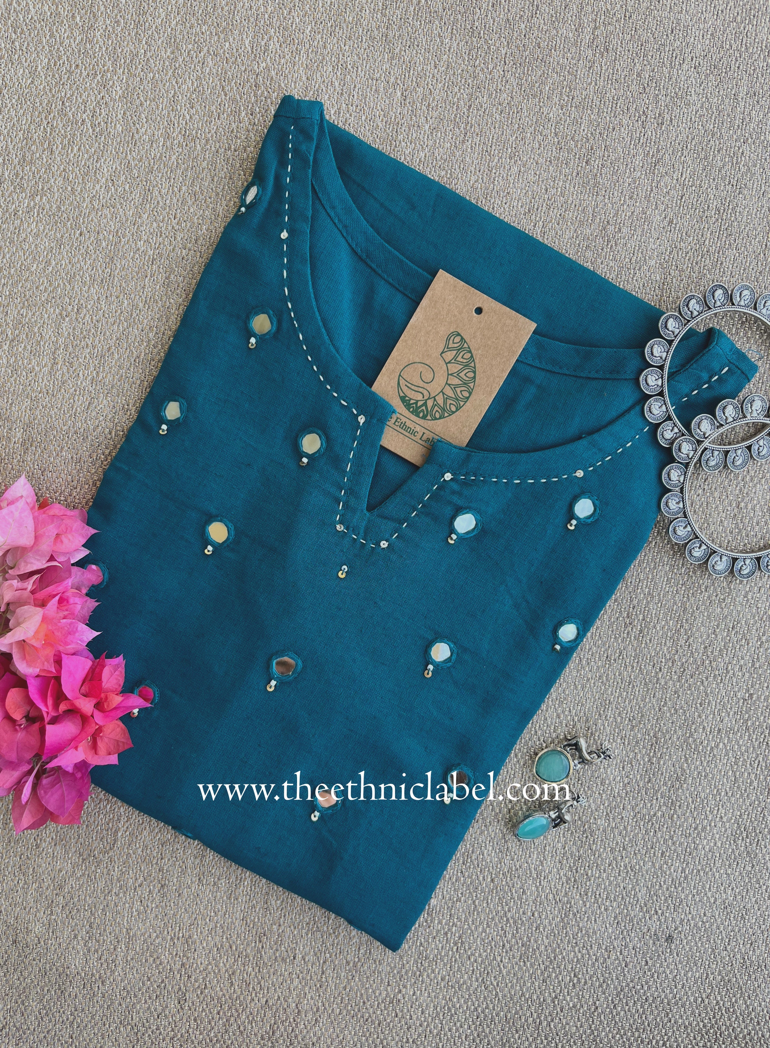 "Mumtaz" Rama Green Mirror Work Cotton kurta