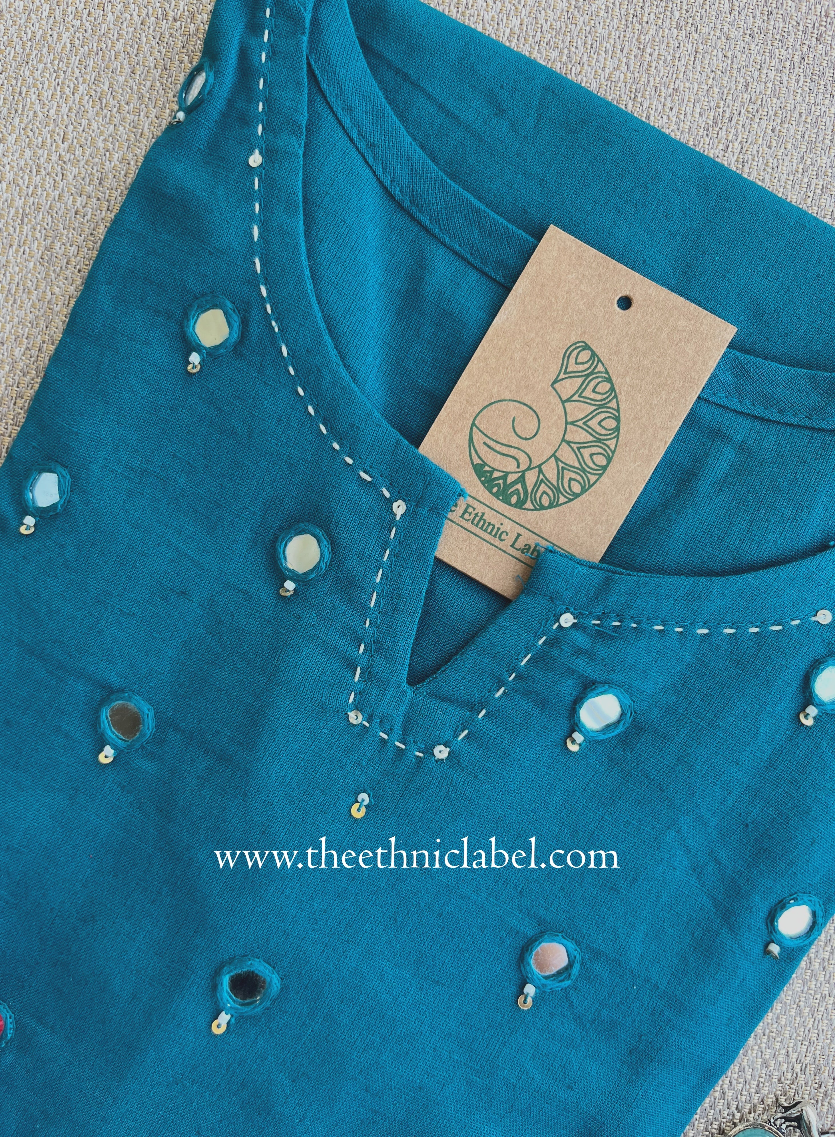 "Mumtaz" Rama Green Mirror Work Cotton kurta