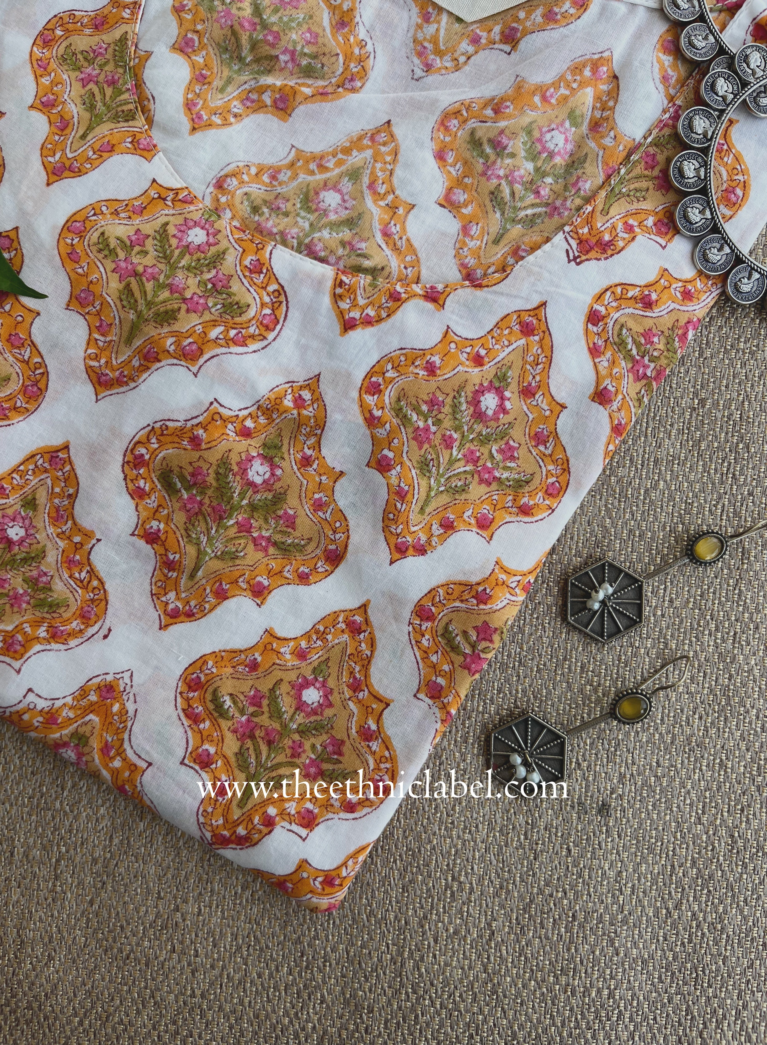 "Kesar" Hand Block Printed Cream Cotton kurta